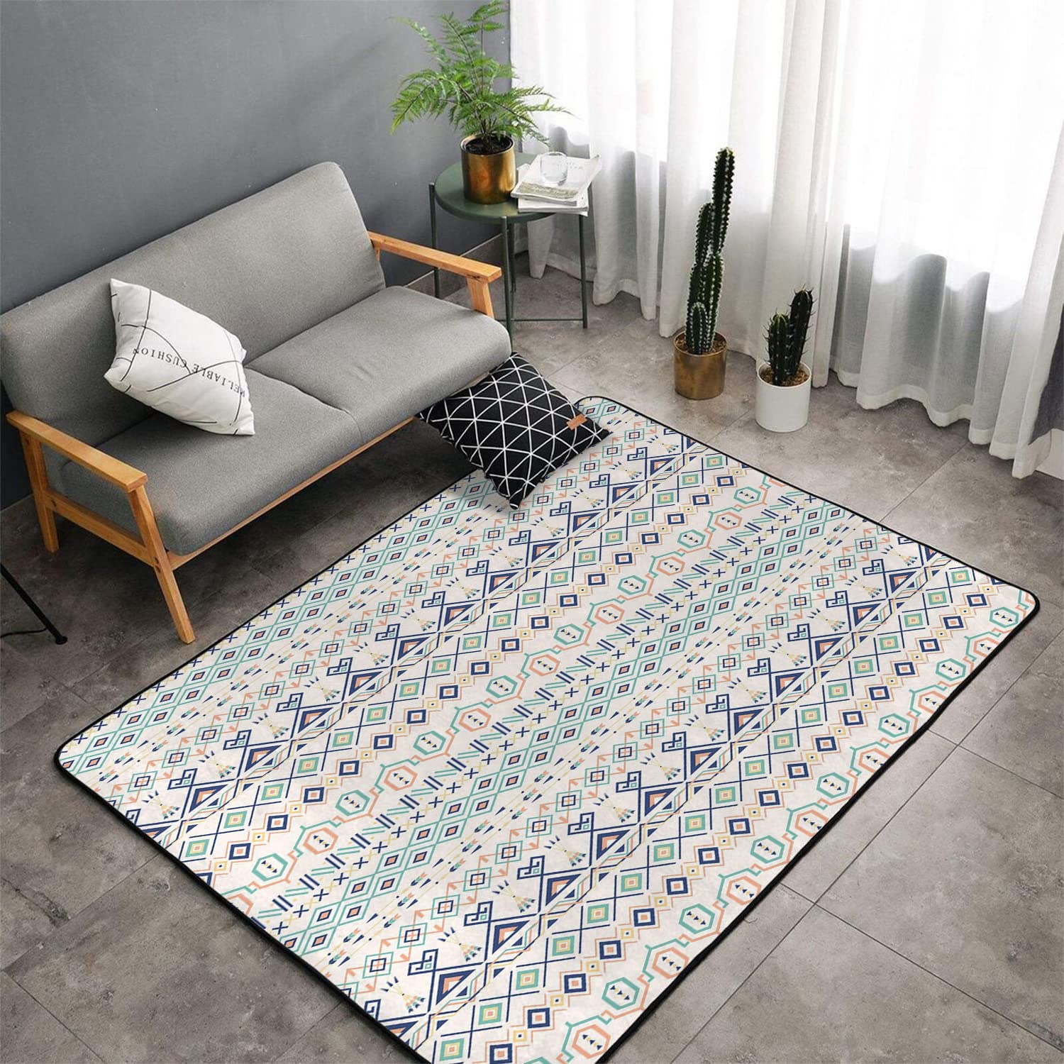 Geometric Modern Area Rug, Aztec Motifs Triangles Squares Artful Folk Inspiration Tribal Image Decorative for Living Bedroom Mint Dark Blue Peach 67 x 79 Inch