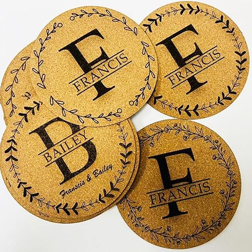 Personalized Family Monogram Cork Coasters | Custom Engraved Name Drink