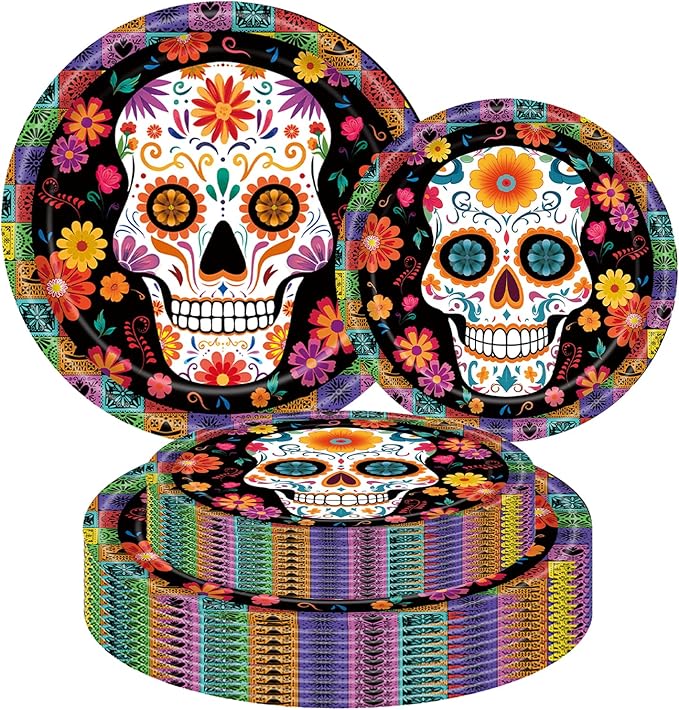 100 Pack Day of the Dead Party Supplies Paper Plates (50×7