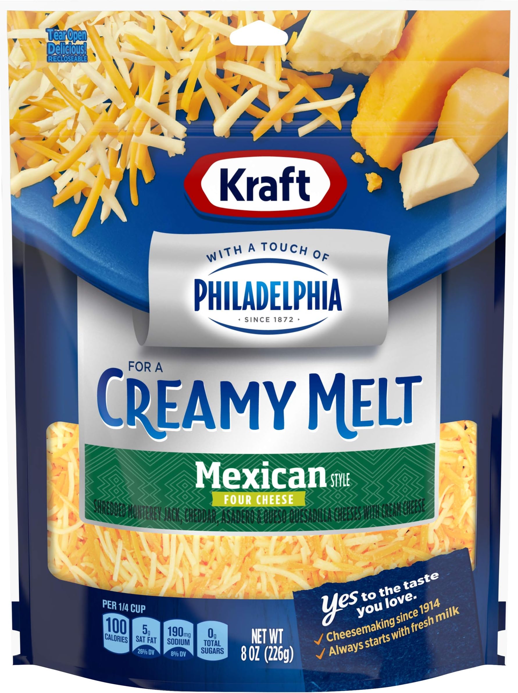 Kraft Shredded Mexican Style Four Cheese with a Touch of Philadelphia, 8 oz Bag