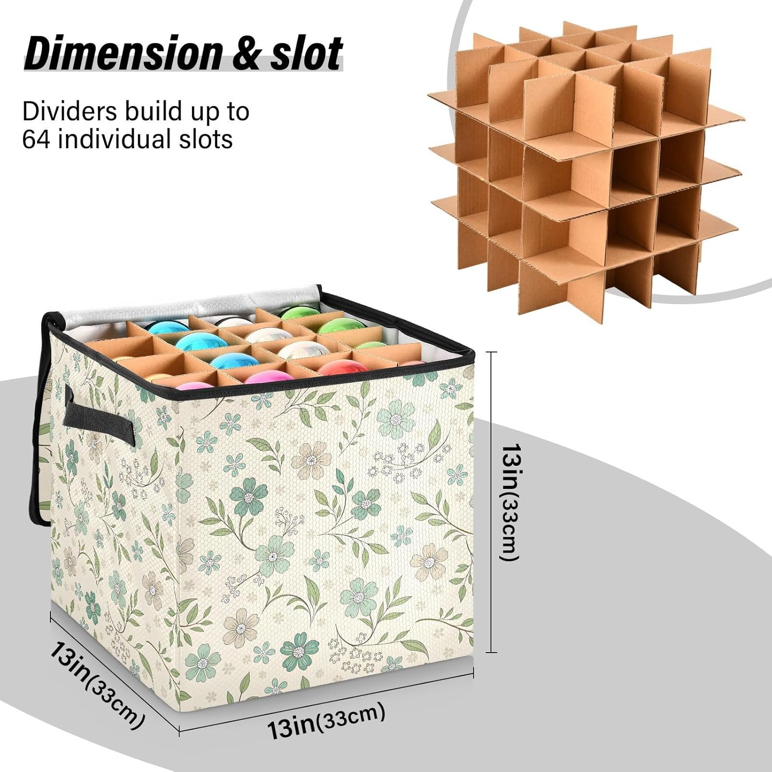 Christmas Ornament Storage Box, Small Floral Green, Holiday Decoration Storage Organizer with Adjustable Dividers, Stores up to 64 Ornaments 3-Inch