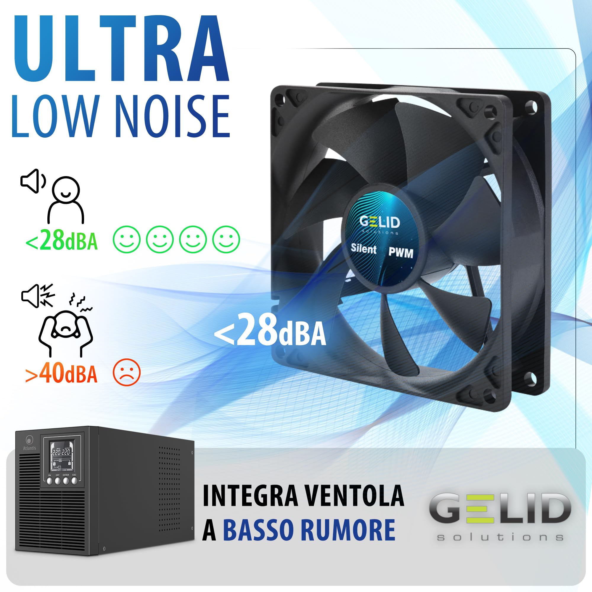 Atlantis A03-OP1002XLN UPS OnLine 88% Più Silenzioso Gruppo di Continuità Server Doppia conversione Onda Sinusoidale Pura 1000VA 700W, Ventola Low Noise Gelid 23,6 dbA,USB,2 Schuko + 1 IEC, 2x12V-9Ah