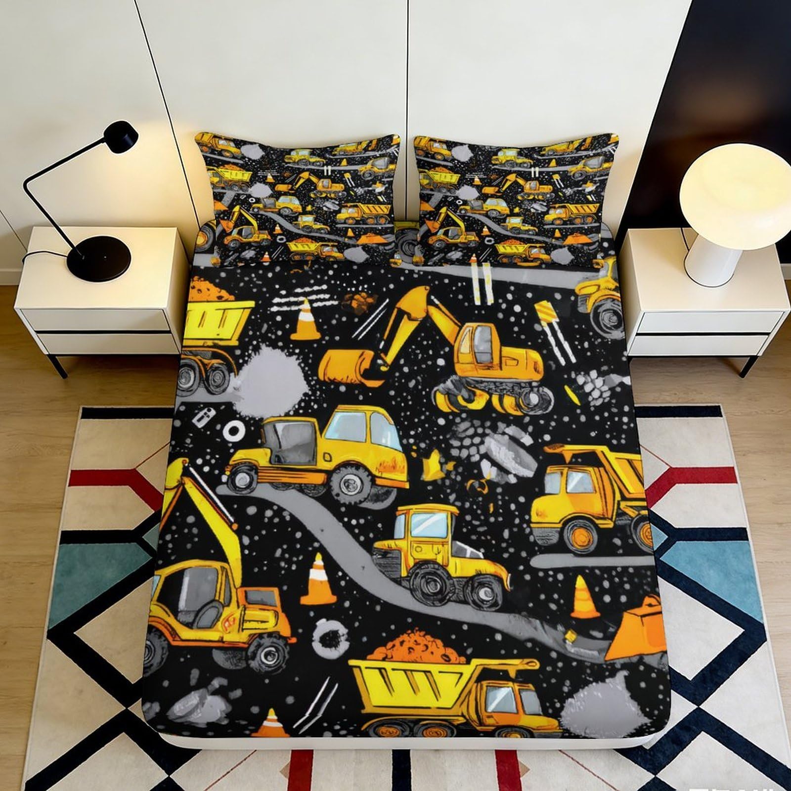 3D Printed Construction Vehicles Fitted Sheet Microfiber Deep Pocket Non-Slip Elastic Hem Construction Mattress Fitted Cover for Bedroom Use 90x200x25cm