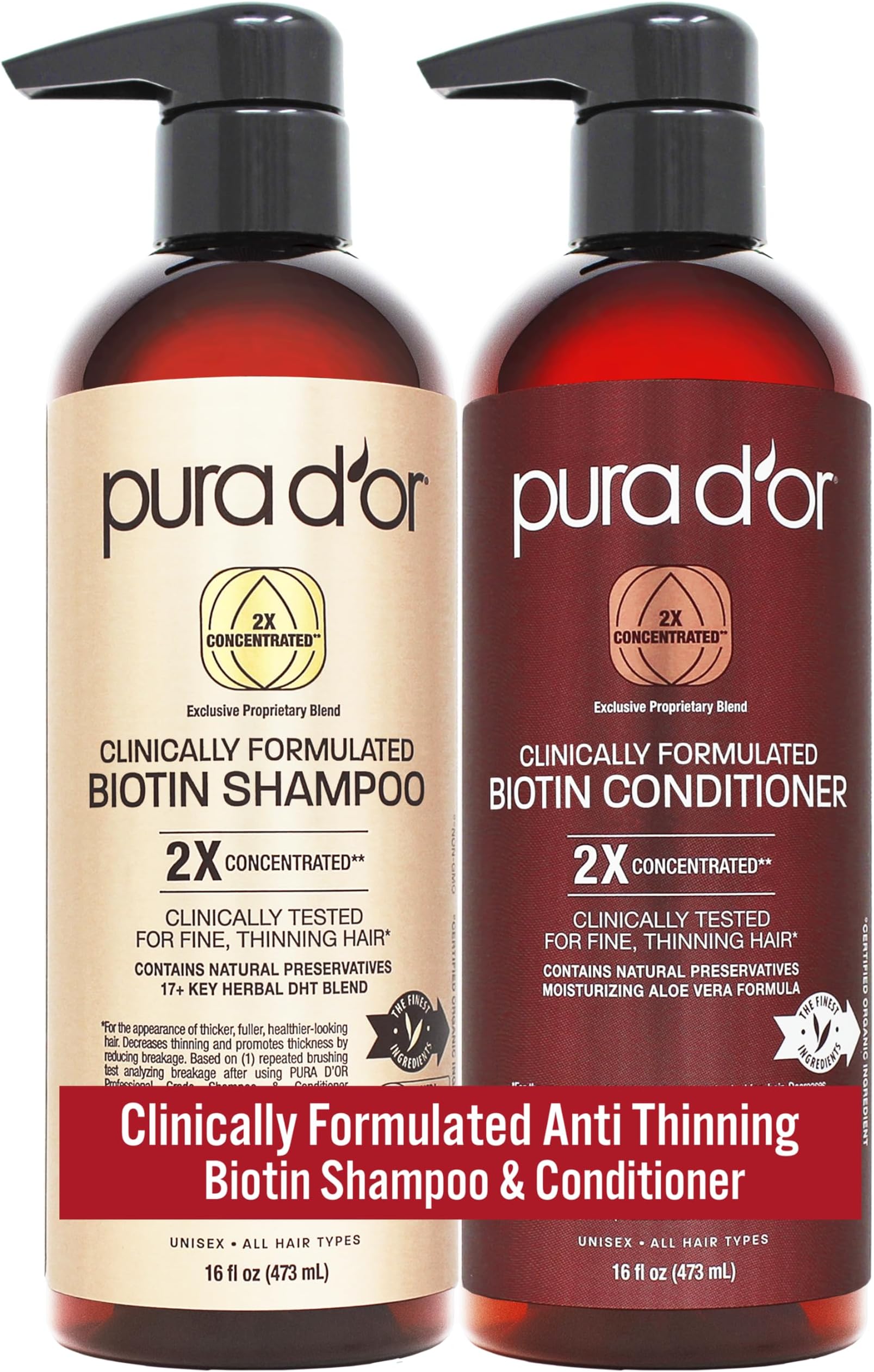 Clinically Formulated Biotin Shampoo & Conditioner For Hair Thinning - 2X Concentrated Proprietary Herbal Blend Thickening Products For Women & Men, Sulfate Free, 16oz x2