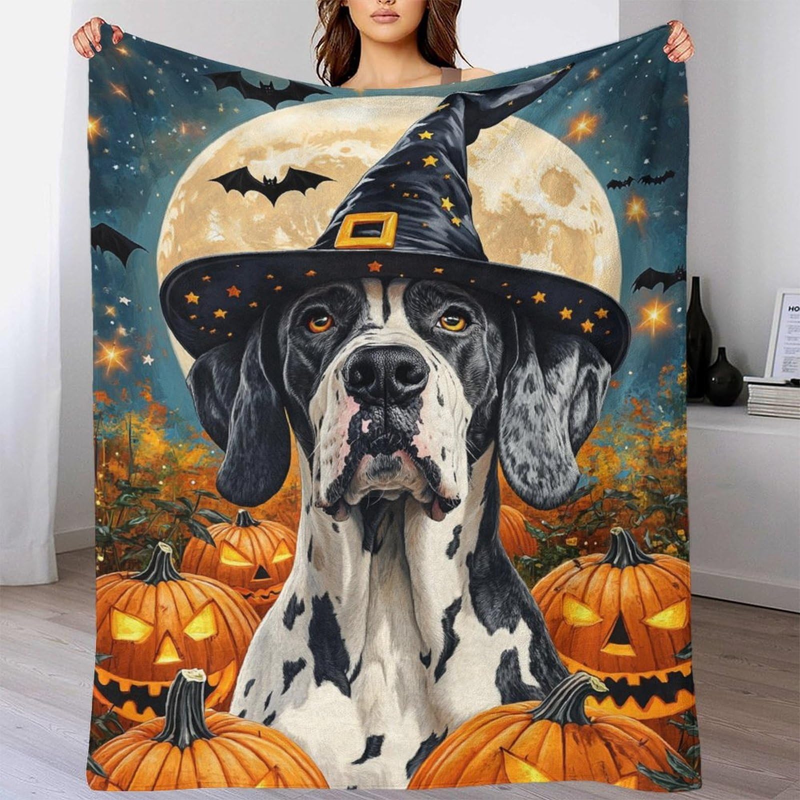 Dalmate Chien Couverture Douillette en Flanelle Polaire 3D Citrouilles éclairées Couverture De Canapé Douce Et Duveteux pour Canapé Et Salon 70x80inch(180x200cm)