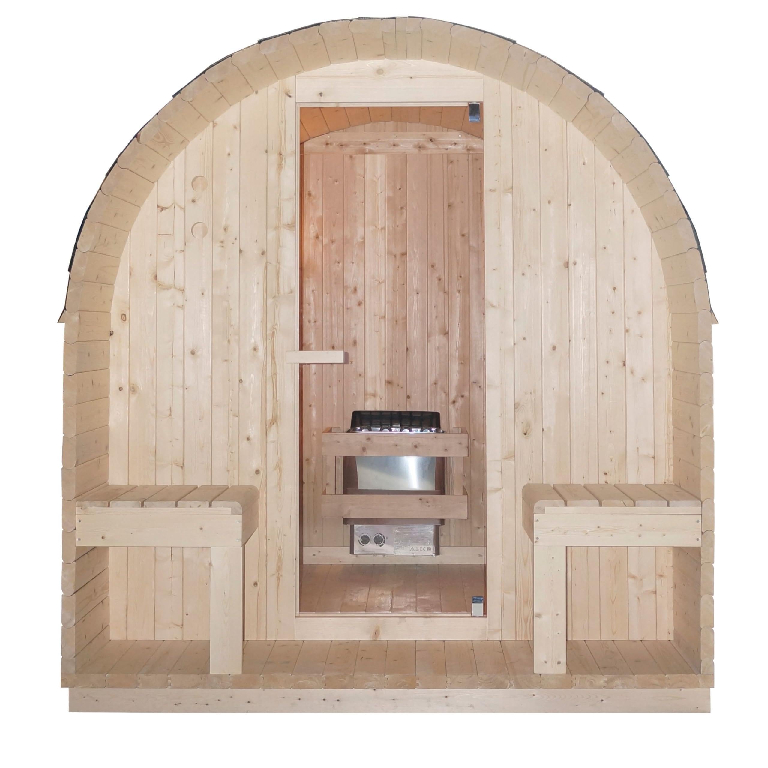 SANOTECHNIK Außensauna Island XL für 4 Personen Fichte Naturbelassen 220 x 189 x 200 cm mit 6 mm Sicherheitsglas-Tür und 3,8 cm Wandstärke