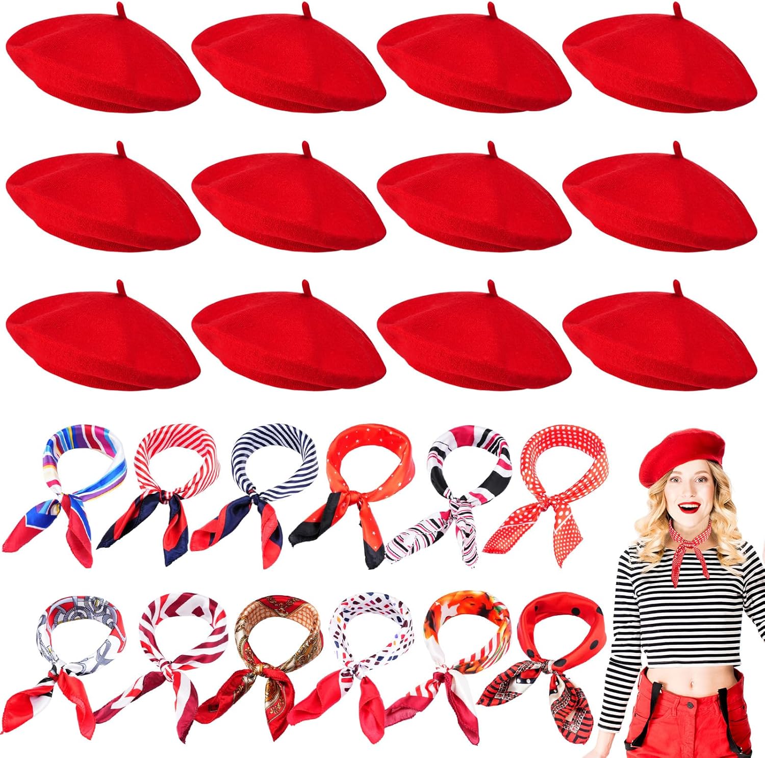 Shinymoon 24 Pcs Wool Beret Hat Bulk Artist Beanie Beret Warm French Hat with Silky Neck Scarf for Women Girl Lady