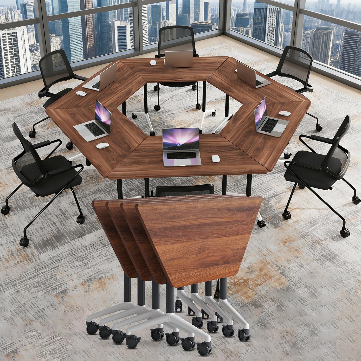 Folding Conference Tables,Flip Top Conference Room Table Mobile Training Tables for 8-10 People,Meeting Table with Silent Wheels for Office Seminar Classroom Tables (6,walnut trapezoid,47.2in)