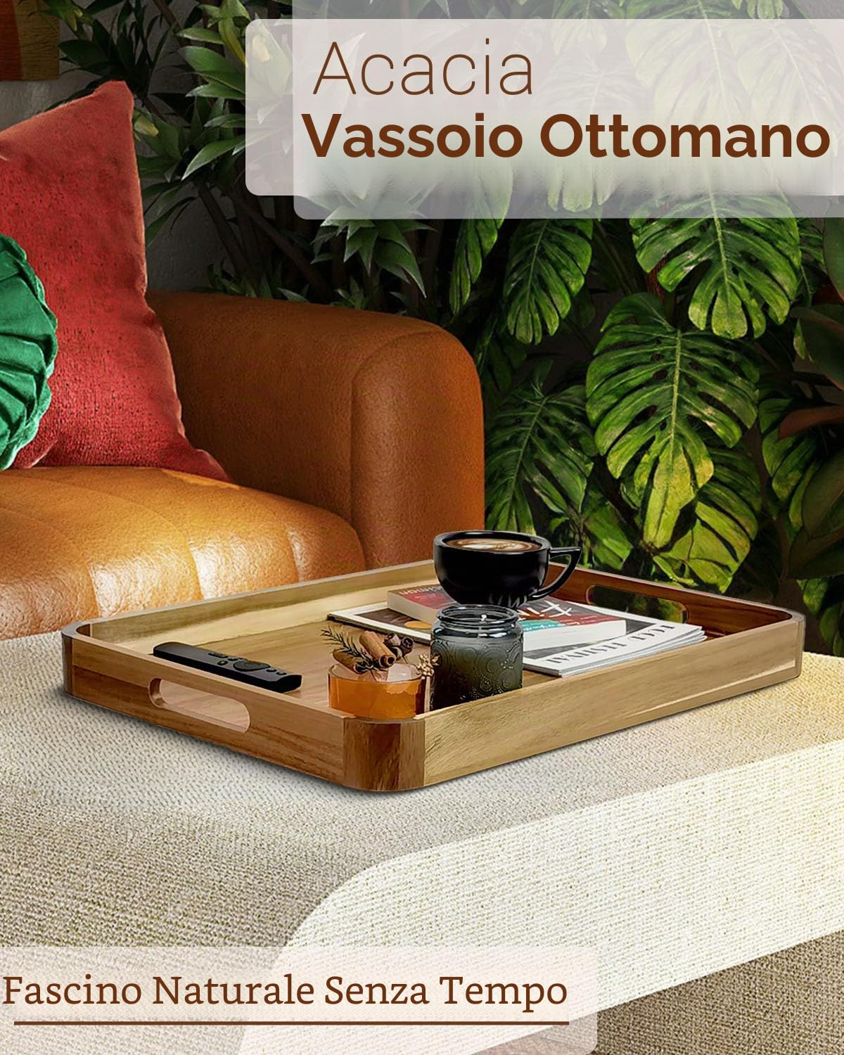 Vassoio da portata in legno di acacia con manici e angoli arrotondati, 55,9 cm | Grande vassoio rettangolare decorativo in legno per soggiorno cucina tavolino divano letto