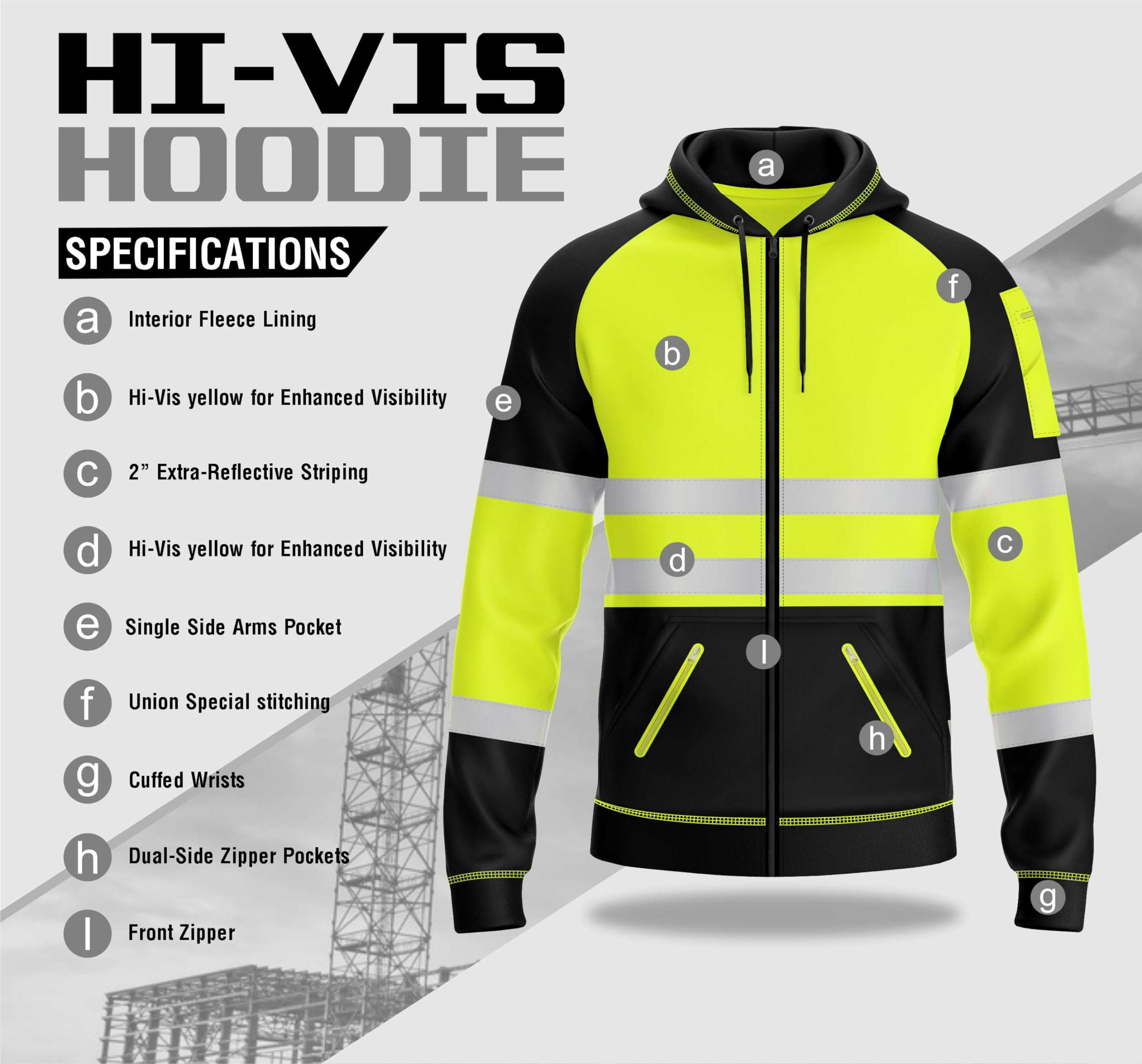 Sudadera con capucha para hombre con cremallera reflectante y 3 bolsillos con cremallera