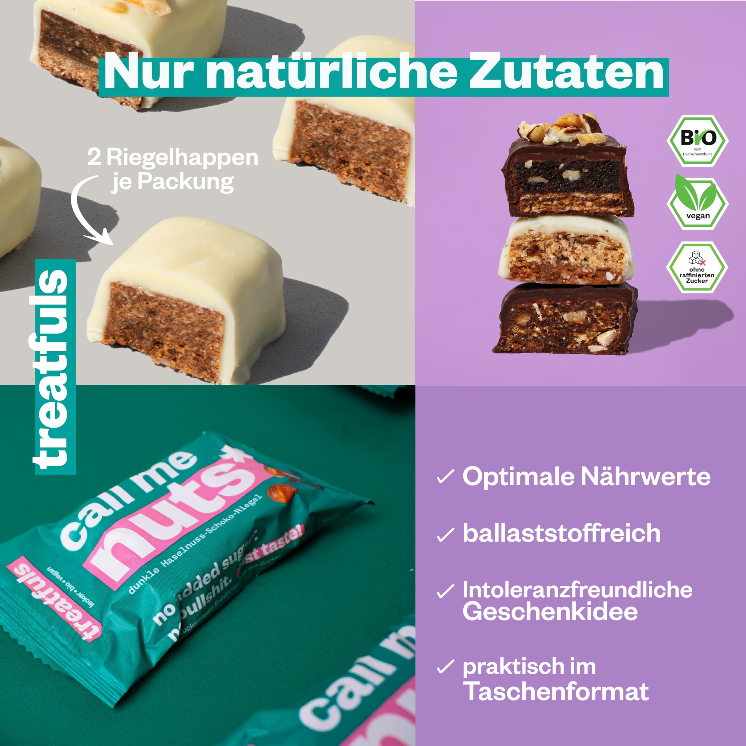 treatfuls vegane Schoko-Riegel - Probierbox - aus Datteln und Nüssen ballaststoffreich - 100% Natürlich & Fairtrade - glutenfrei - 16 x 40g