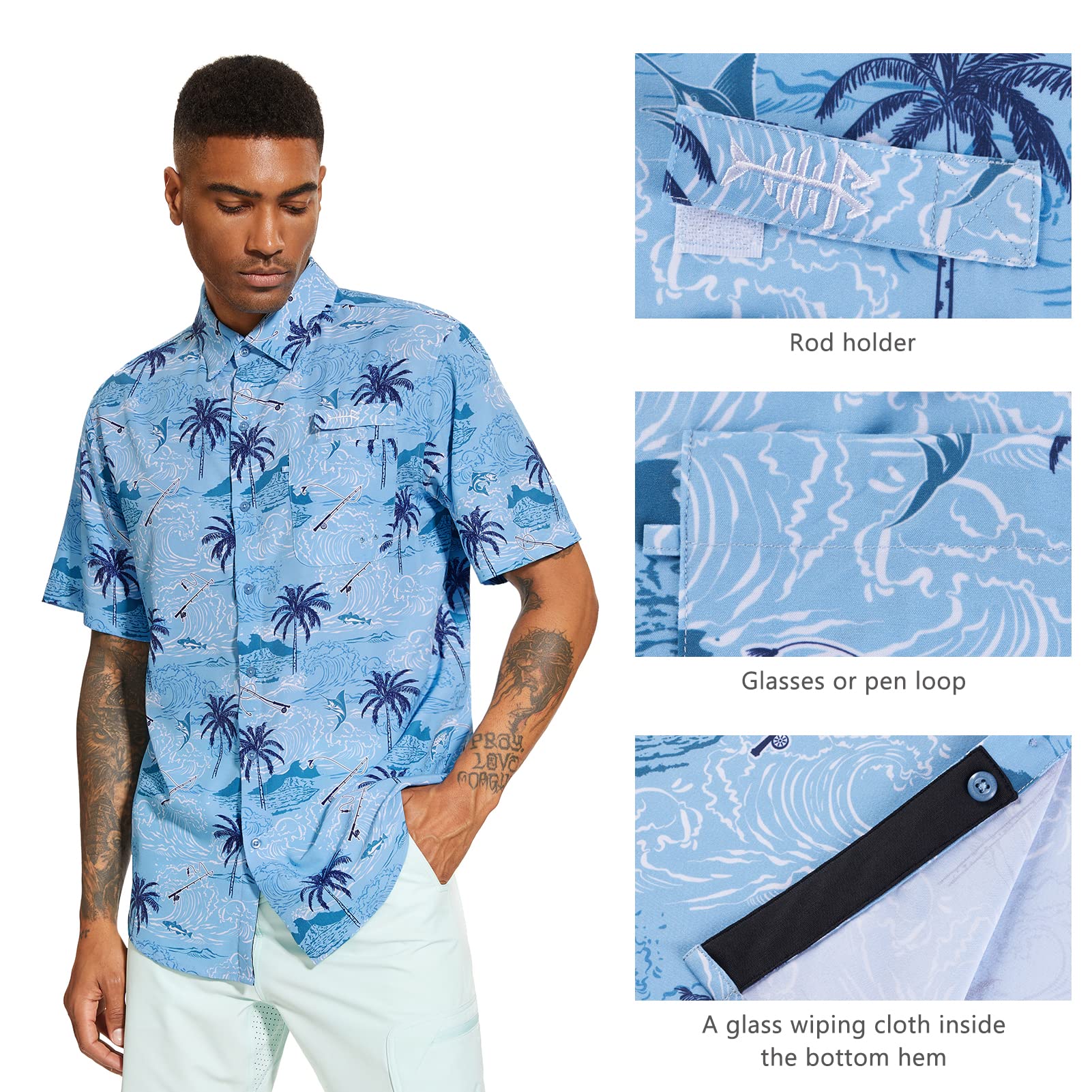 Bassdash Camisa de Pesca para Hombre Camisa Informal de Verano Camisa Hawaiana UPF 50+ Manga Corta con Botones Flores para Caminatas y Acampadas al Aire Libre