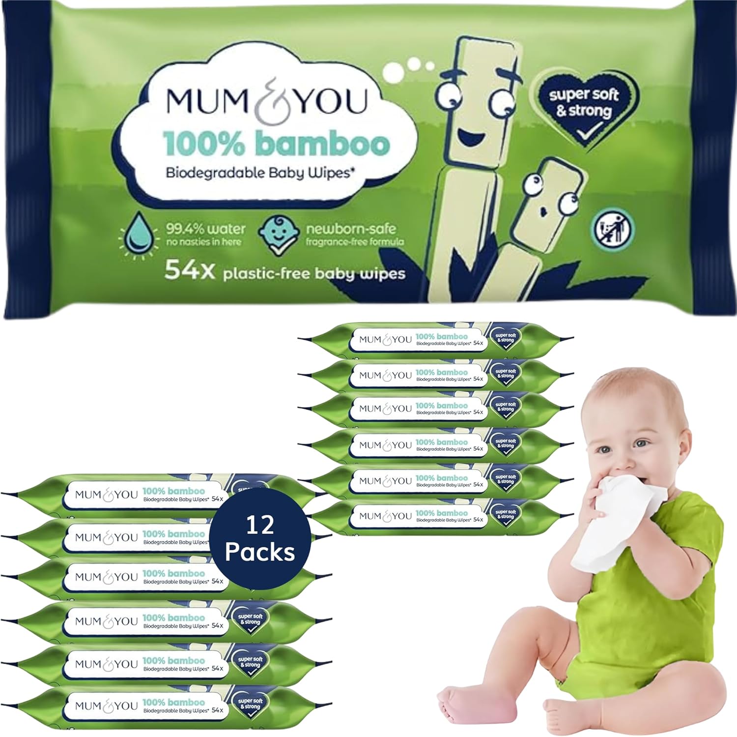 Mum & You Bamboo Baby Wipes Multipack- 648 wipes (54 bamboo wipes x 12 Packs) – 100% Biodegradable Wet Wipes for Sensitive Newborn Skin, 99.4% Water, Eco-Friendly