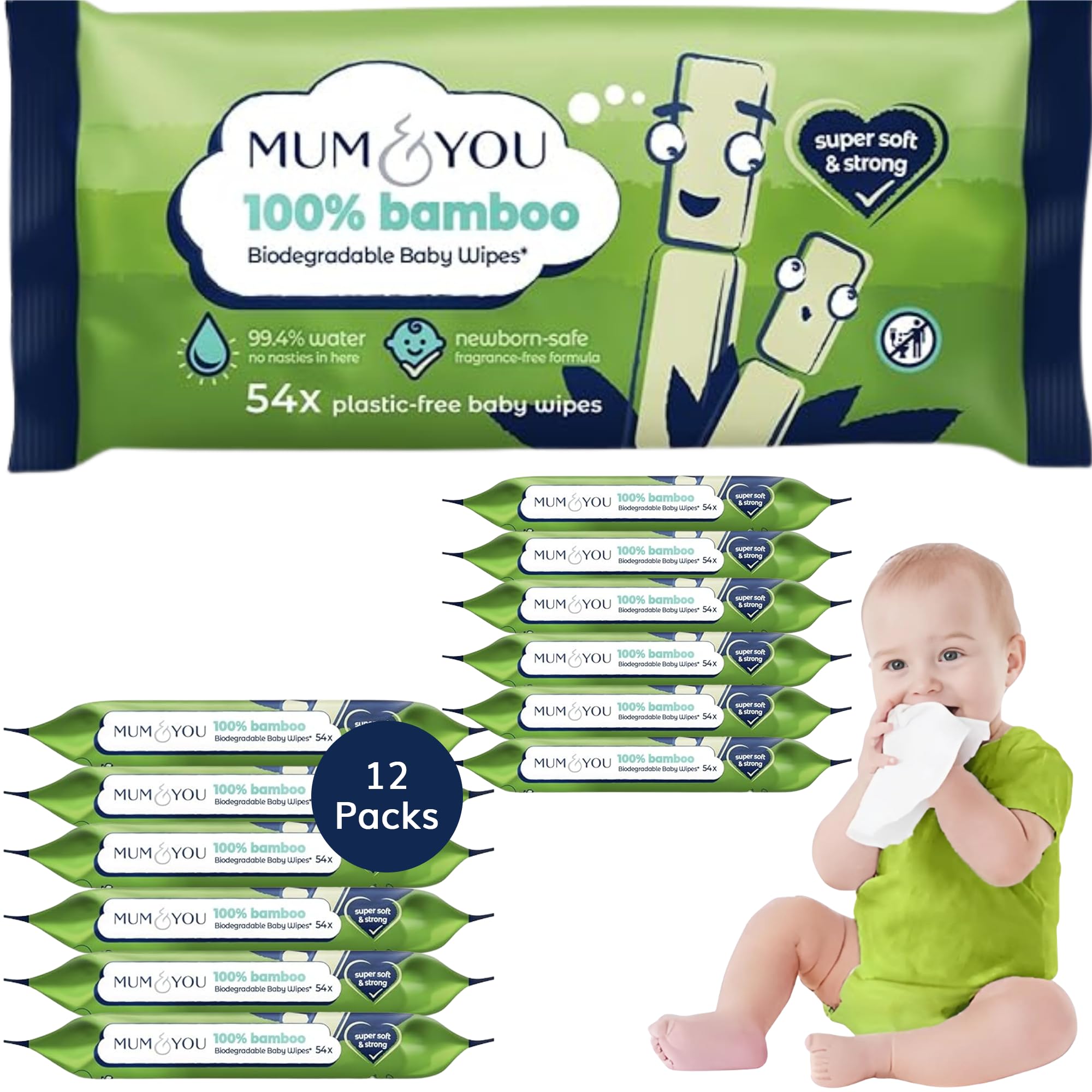 Mum & You Bamboo Baby Wipes Multipack- 648 wipes (54 bamboo wipes x 12 Packs) - 100% Biodegradable Wet Wipes for Sensitive Newborn Skin, 99.4% Water, Eco-Friendly