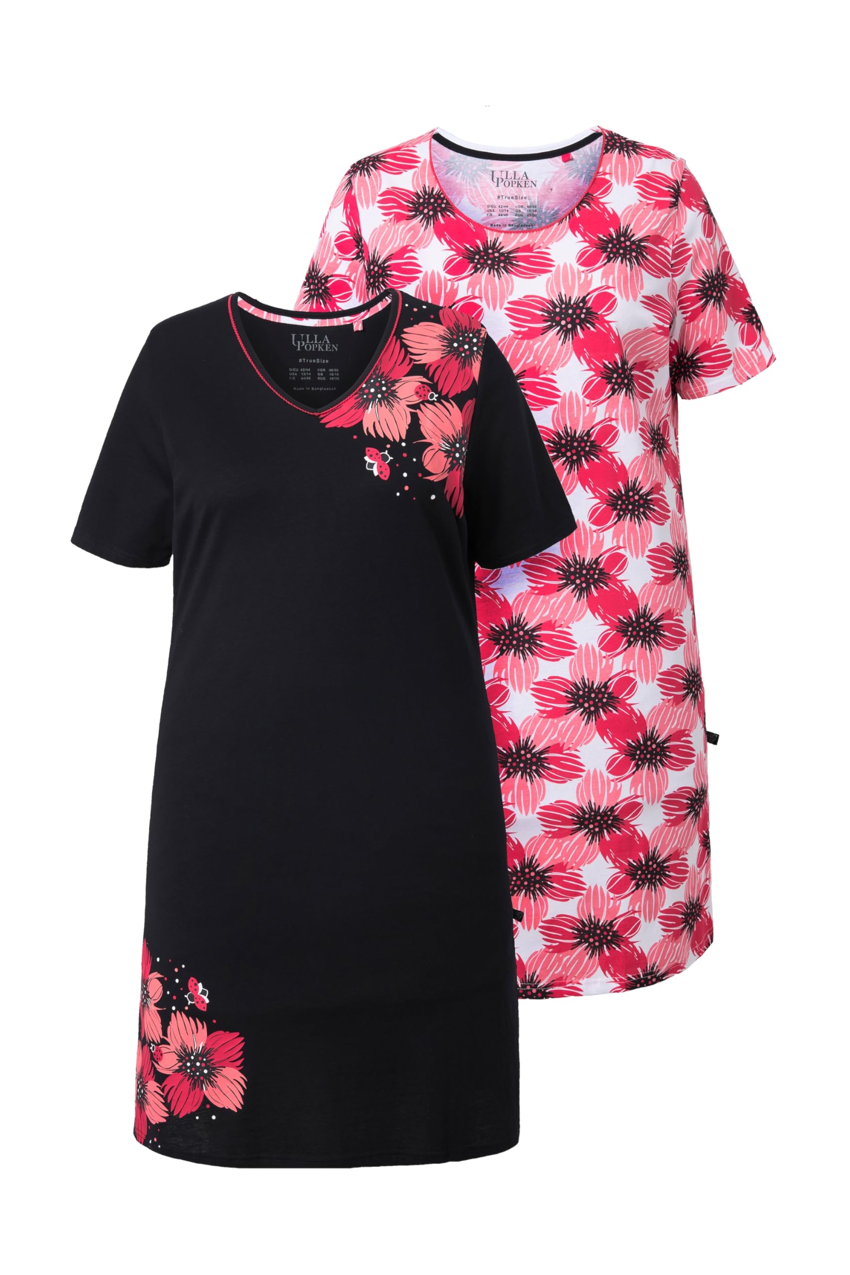 Ulla Popken Damen große Größen Übergrößen Plus Size Bigshirts, 2er-Pack, Blüten, Rundhals/V-Ausschnitt, Halbarm 847179