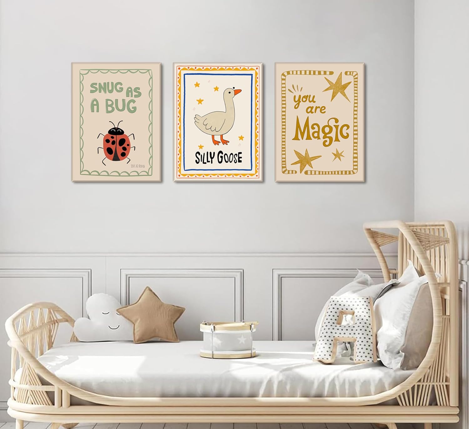 Silly Goose Nursery Canvas Wall Art Cute Animals Insect Picture Wall Decor Trendy Magic Posters Snug As a Bug Rustic Farmhouse Painting Print Artwork for Kids Baby Room Playroom Classroom, Framed