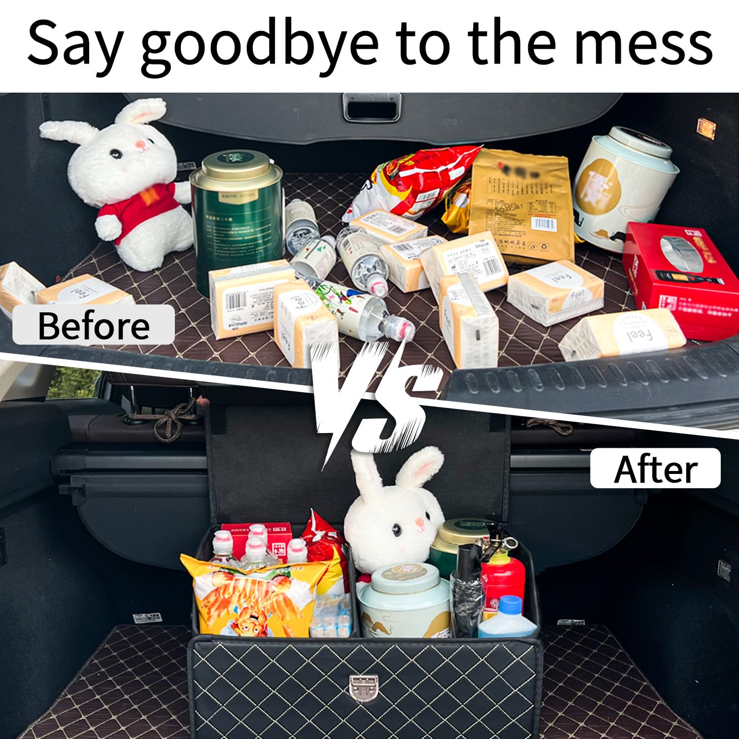Organizador de maletero para coche con tapa, organizador plegable para SUV y sedanes, caja de almacenamiento de cuero multifuncional, cuadrícula negra, pequeño