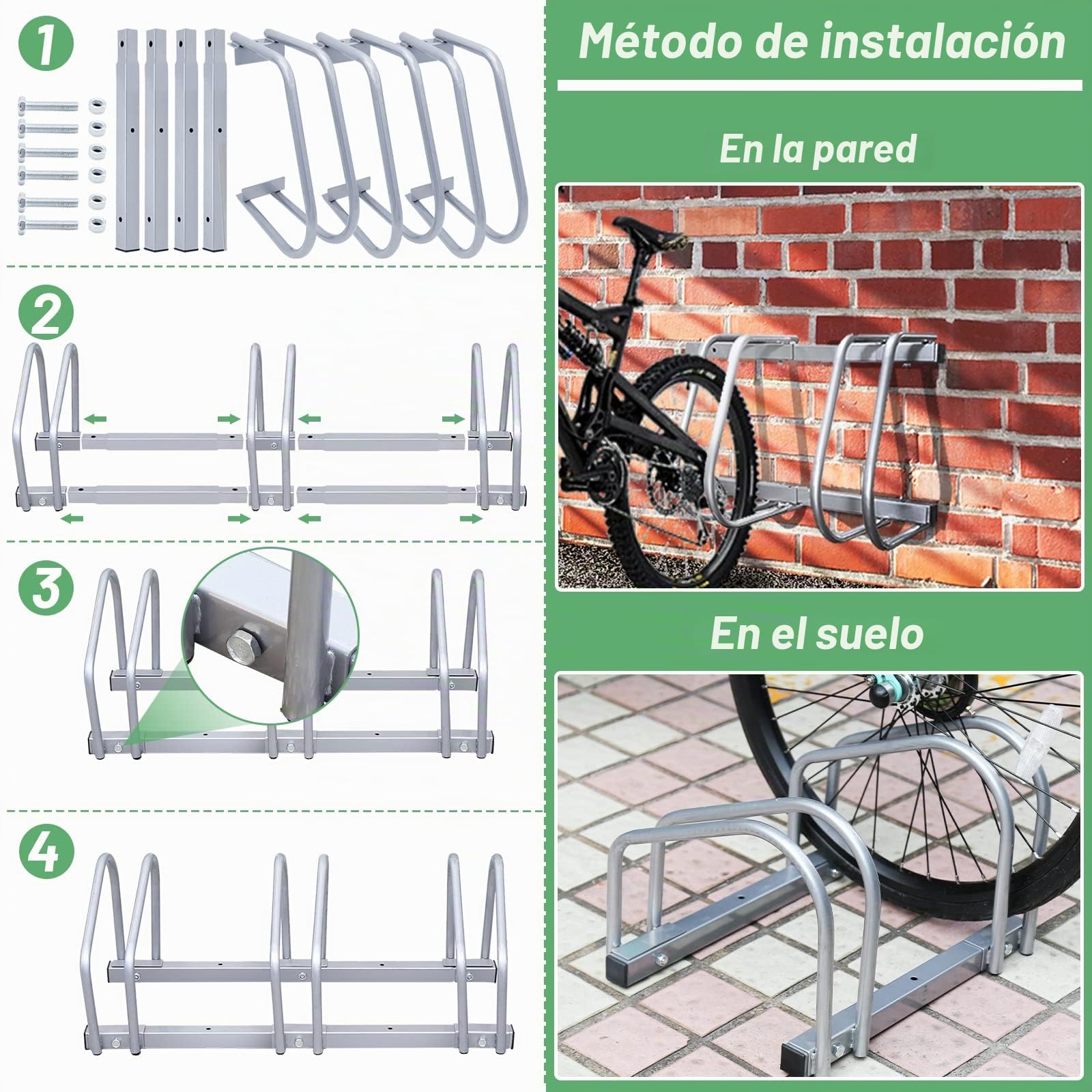 Soporte de aparcamiento para 4 bicicletas, montaje en suelo o pared, ancho de neumáticos de 3555 mm, soporte seguro para bicicletas de montaña y bicicletas eléctricas, 101 x 32 x 26 cm, color