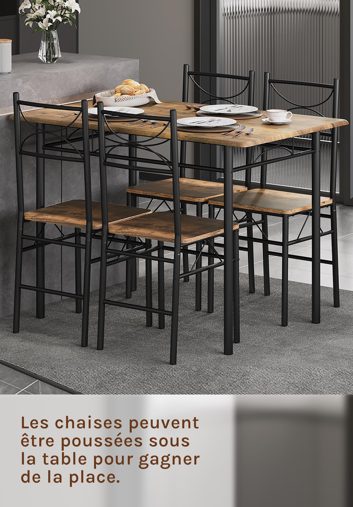 WOLTU Table à Manger avec 4 Chaises, Table de Cuisine pour 4 Personnes, MDF Métal Marron Rustique Noir