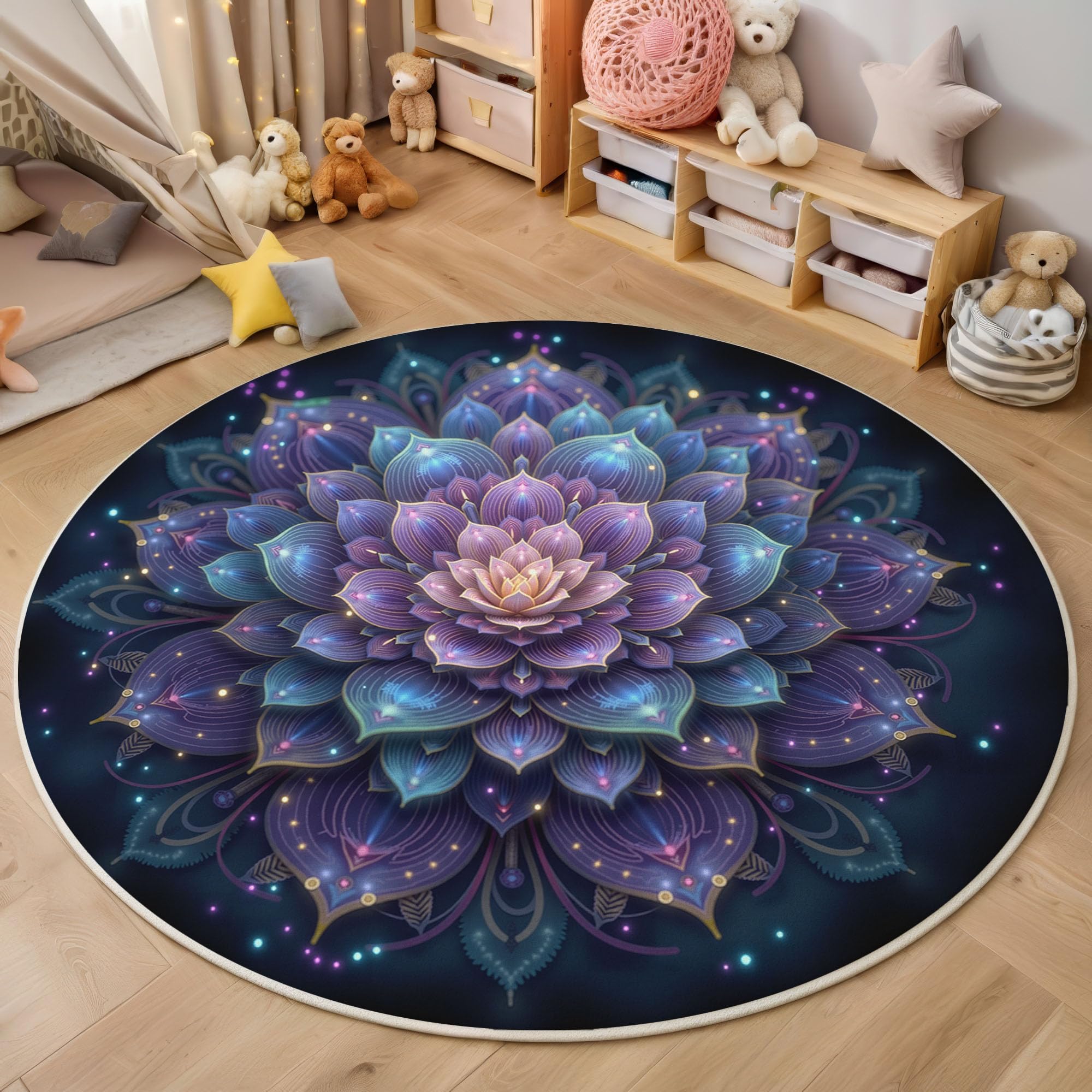 Tapis rond 180cm mandala lavable pour sécuriser et décorer un sol de salon