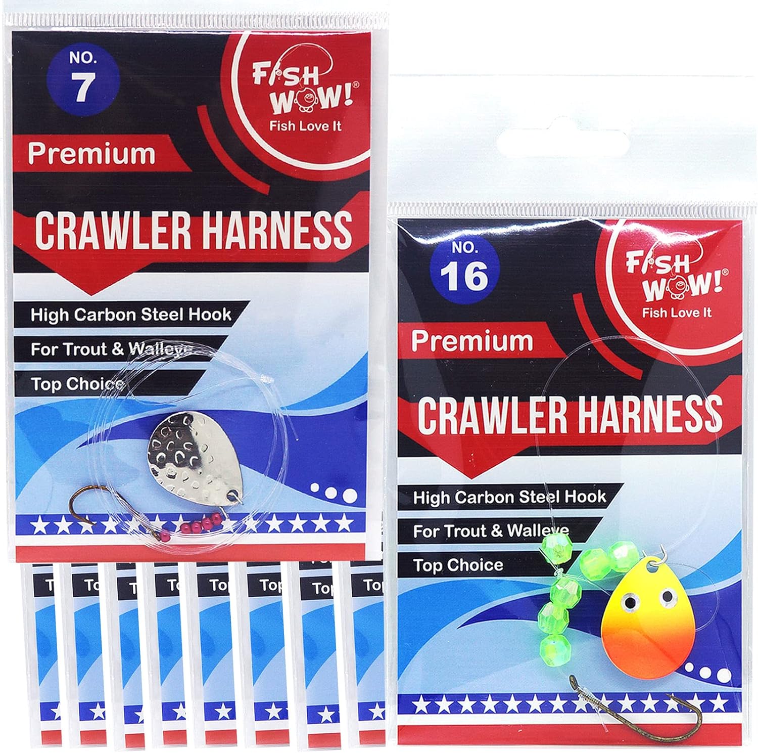 10 Packs 2-Styles Fish WOW!® 1-Hook Crawler Harness Spinner Rig Walleye Panfish Trout Premium Rigs #7#16