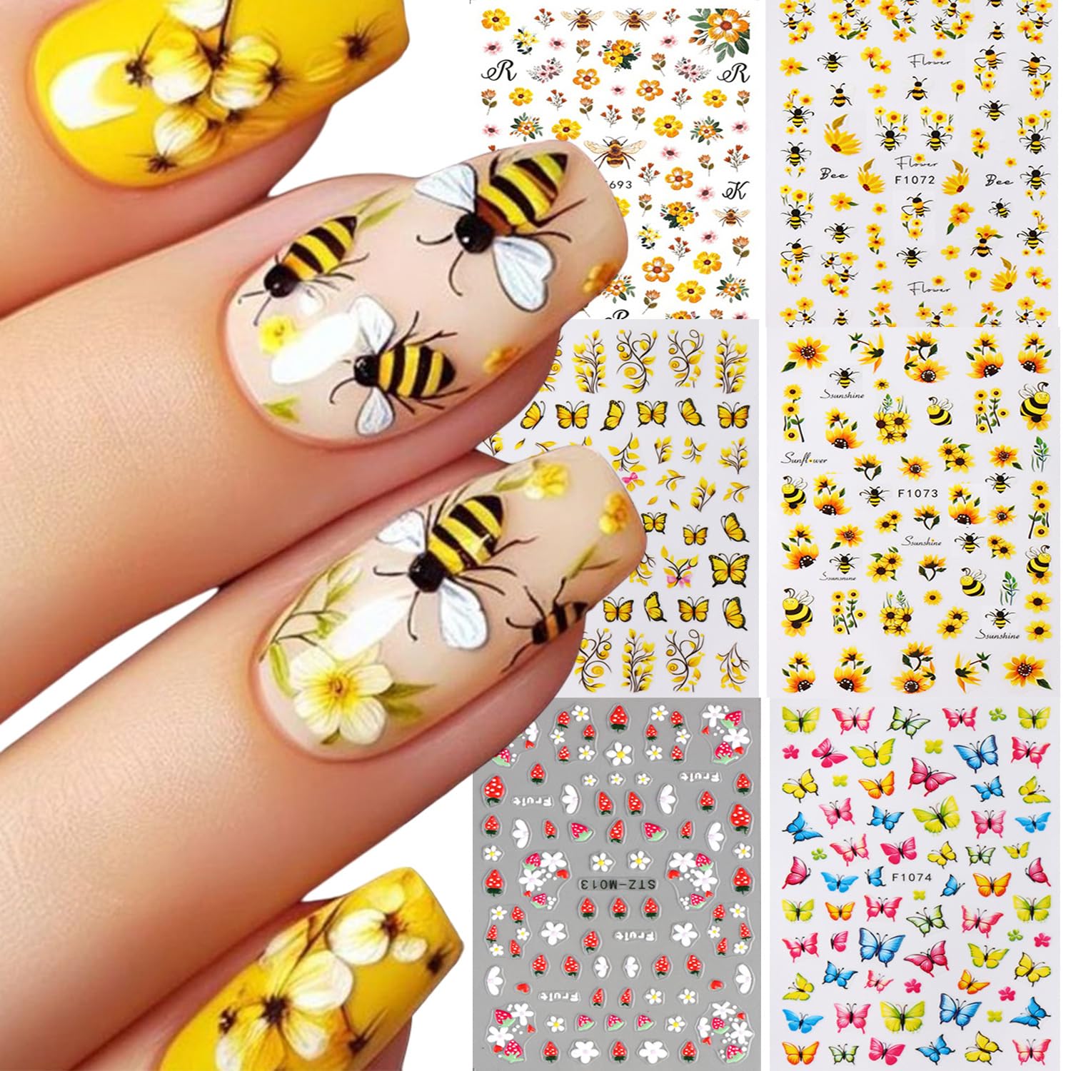 Spring Summer Flower Nails Stickers Decals Bee Butterfly Nails Art Stickers Self-Adhesive Designs Strawberry Nail Art Decals for Women DIY Nails