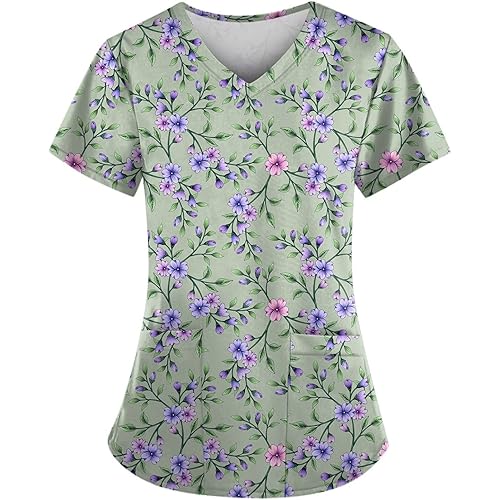 HXHYQKP Womens Plus Size Scrub Tops 2024 Print Nurse Uniforms for Women Short Sleeve V-Neck Shirts Tops with Pockets