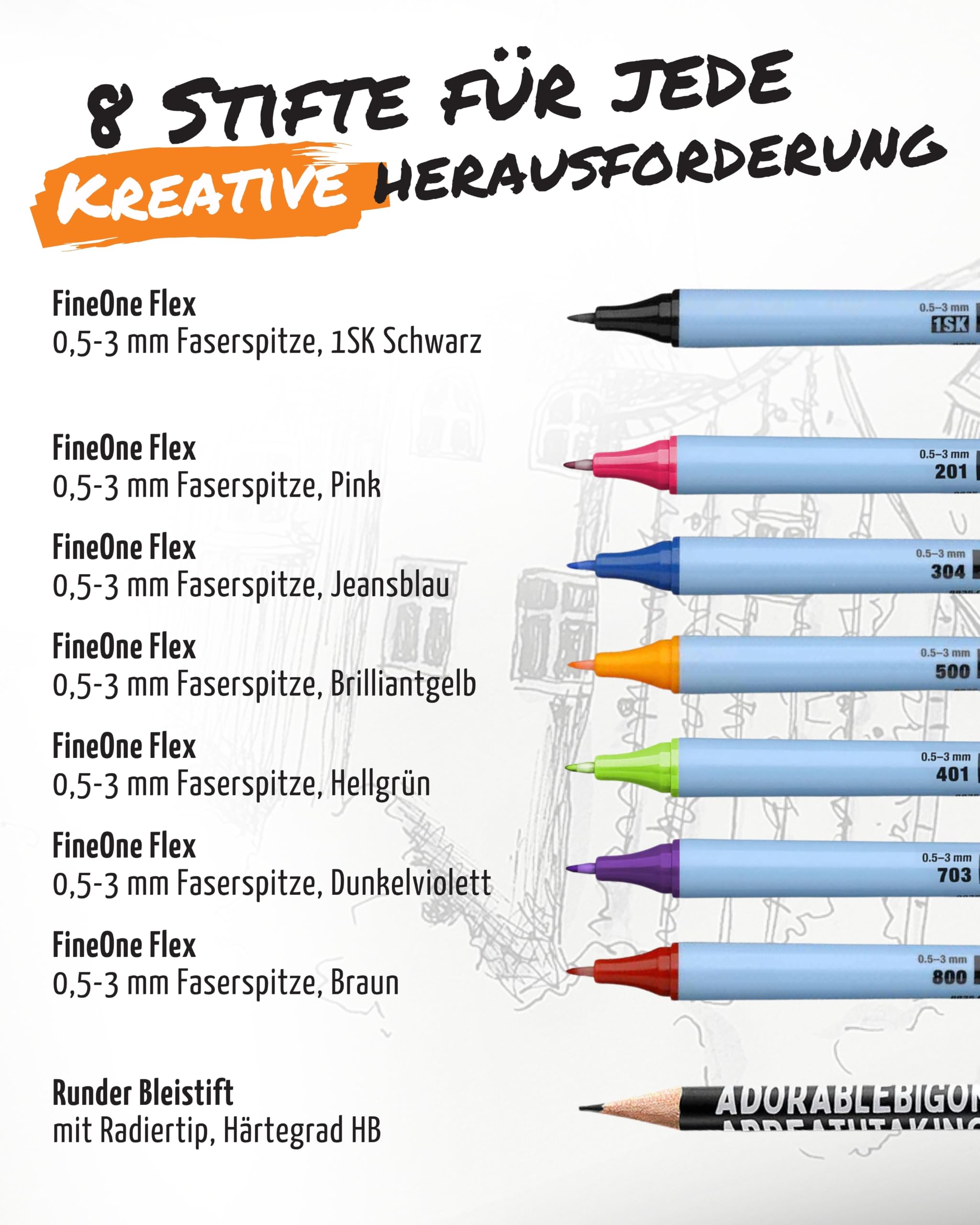 Neuland Einschulungsset I mySketchbook Skizzenbuch + PenPouch XL Federmäppchen + Bleistift & 7 FineOne Flex Marker 0,5-3 mm I Kreatives Zeichenbuch & Mäppchen Set für die Schule & Einschulung