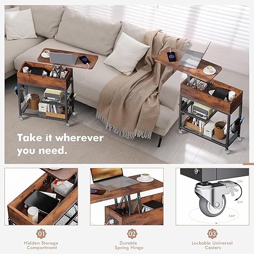 Miniatura 4 de Colima Mesa auxiliar elevable con estación de carga y ruedas, mesa auxiliar de sofá de almacenamiento oculta estrecha con puerto USB, mesita de
