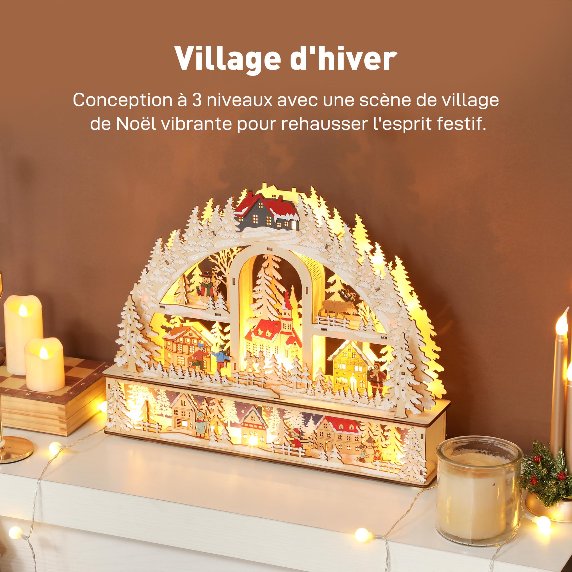 HOMCOM Village de Noël Lumineux 20 LED Animé 45 x 10 x 35 cm Bois Naturel | En Arc à 3 Niveaux, Effet Bois, Fonctionne sur Piles