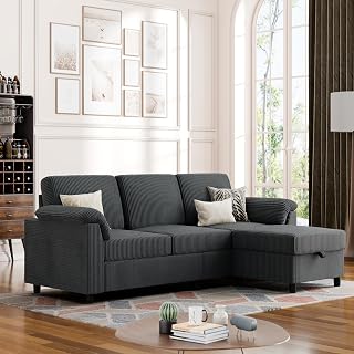 Vongrasig Convertible L-Shaped Sectional Sofa, 3-Seat Small Couch with Removable Pillows, Soft Corduroy Gray for Apartments