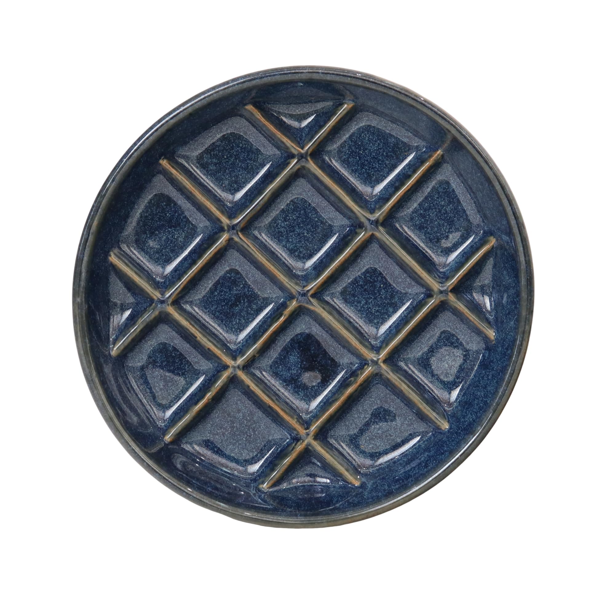 Ceramic Slow Feeder Bowls 6 Inch Shallow Whisker Friendly Food Bowls Grid Dishes Pet Plate for Cat and Puppy, Dishwasher Safe (Dark Blue)