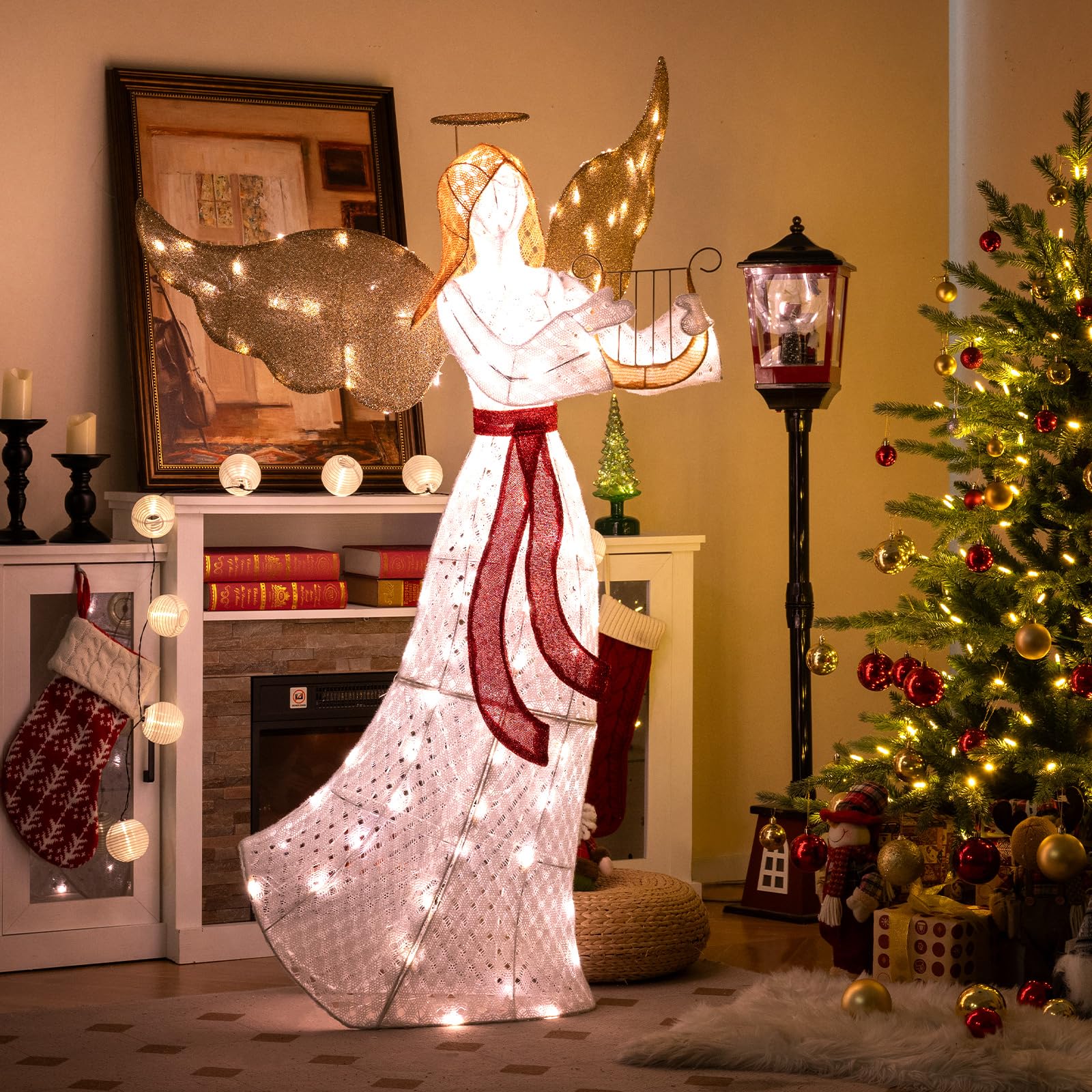 GOPLUS 150cm großer LED Engel mit Harfe, beleuchteter Weihnachtsengel warmweiß mit 120 LED-Lichtern, Weihnachtsbeleuchtung Figur Engel für Außen Innen Weihnachten Dekoration