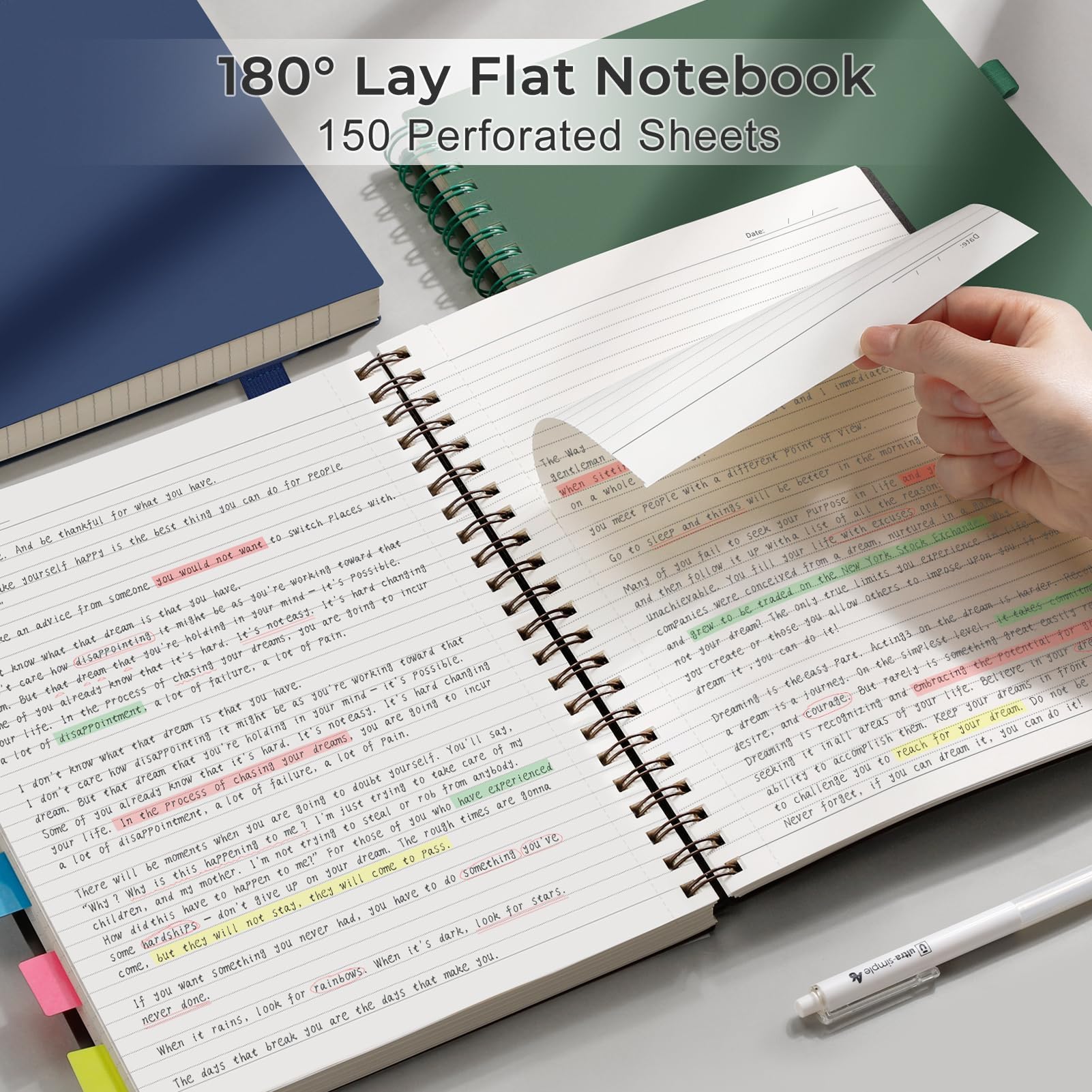 AHGXG Quaderno a spirale a righe, formato A4, 21,6 x 27,9 cm, 300 pagine perforate facili da strappare, carta spessa 100 g/m², copertina rigida in plastica, per scrivere, lavoro, scuola, verde