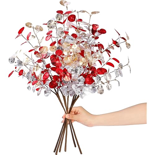 Sggvecsy 6Pcs Artificial Eucalyptus Leaves Stems 28’’ Fake Christmas Flowers Eucalyptus Branches Christmas Decorations for Xmas Tree Holiday Home Floral Arrangements DIY Crafts Winter Wedding Decor