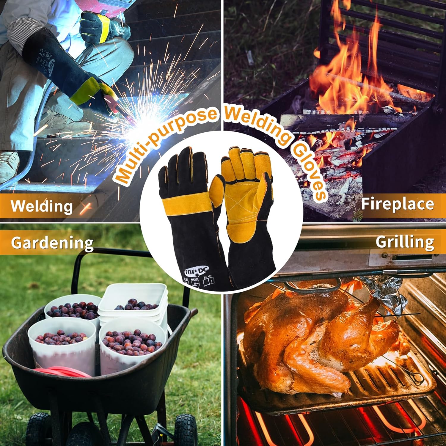 TOPDC Welding Gloves 16 Inches with Flip Front Welding Helmet 3.86"x1.61", Fire/Heat Resistant Leather Welding Gloves For Mig,Tig,Stick,Forge,BBQ,Grill, Welding Mask with Adjustable Headgear