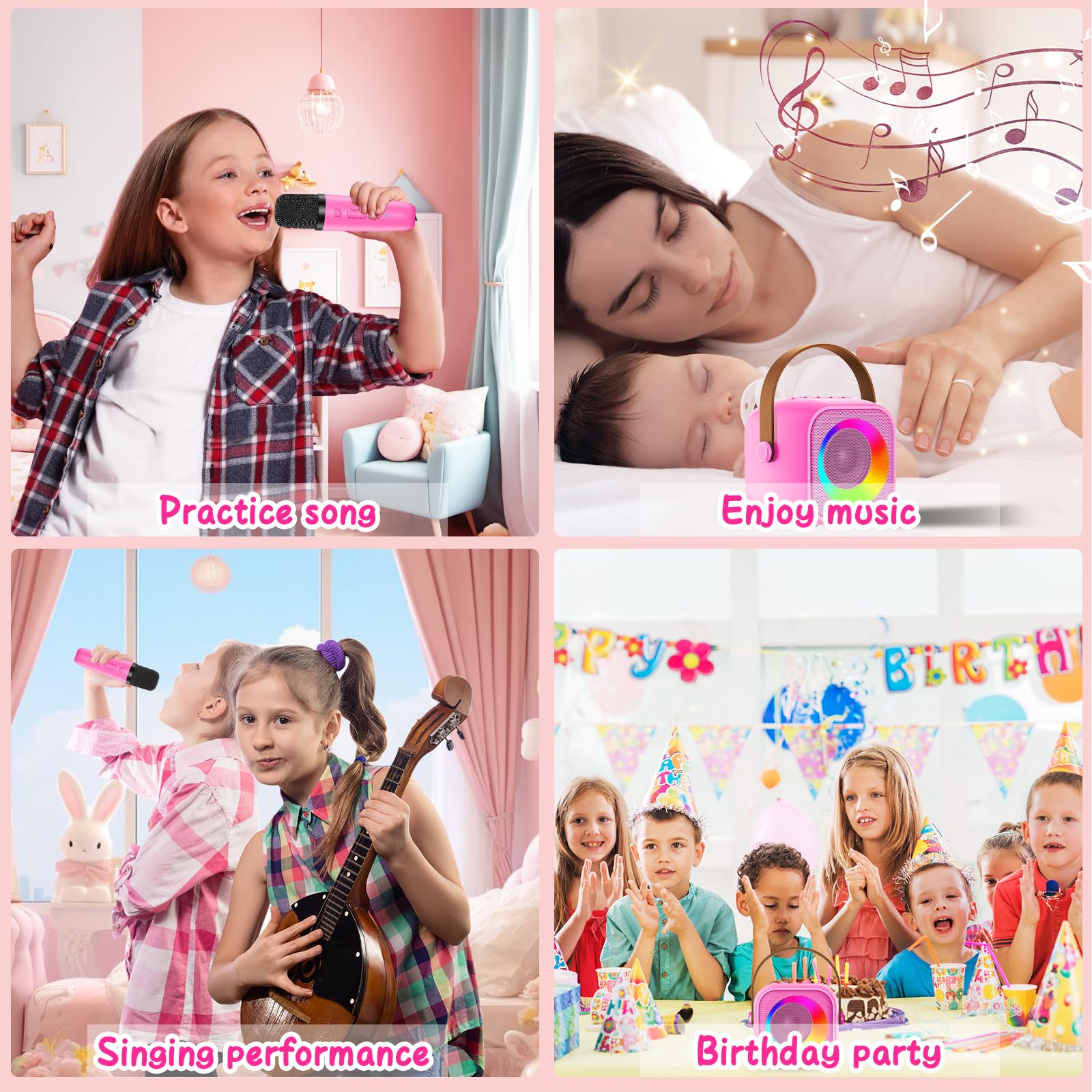 Karaoke Niños con 2 Microfono Inalambricos, Portátil Microfono Niños con Luces LED, Máquina de Karaoke Bluetooth Regalos para Niñas Juguete Fiestas de Familiares - 4