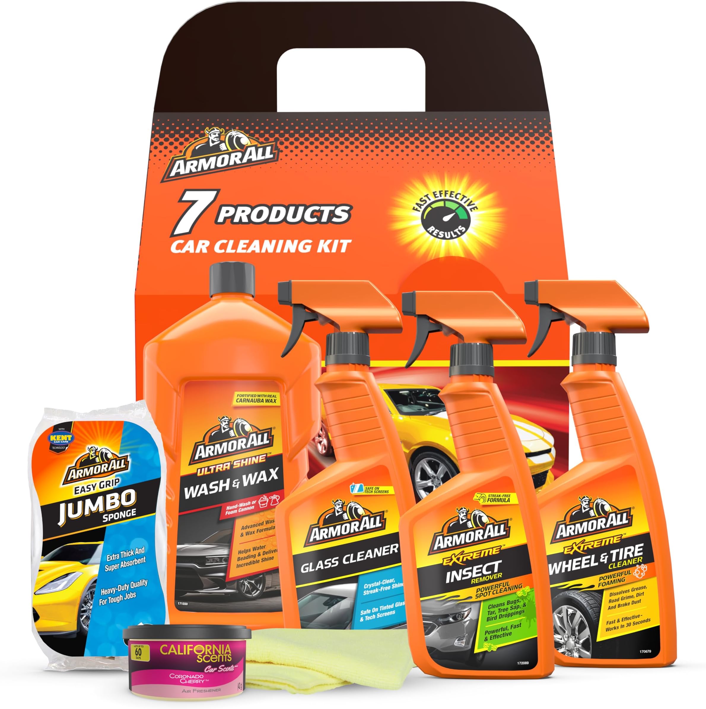 7-Piece Car Cleaning Kit, Includes Glass Cleaner, Jumbo Sponge, Car Wash & Wax, California Scents Can Car Air Freshner, Wheel & Tyre Cleaner 500ml, Insect Remover and Microfibre Cloth