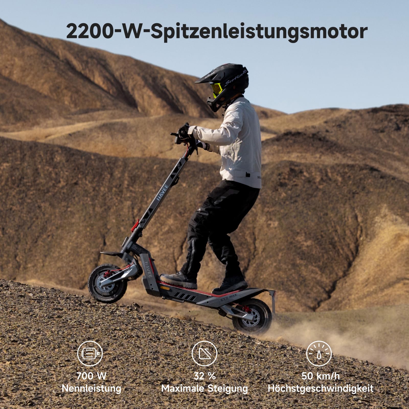 NAVEE XT5 MAX E Scooter mit Straßenzulassung & Blinker, Maximale Reichweite 2200W 110 km & 150 kg Tragkraft, 12 Zoll Offroad Reifen, Doppelaufhängung, Steigungen 32%, Ladezeit 5-6 Stunden