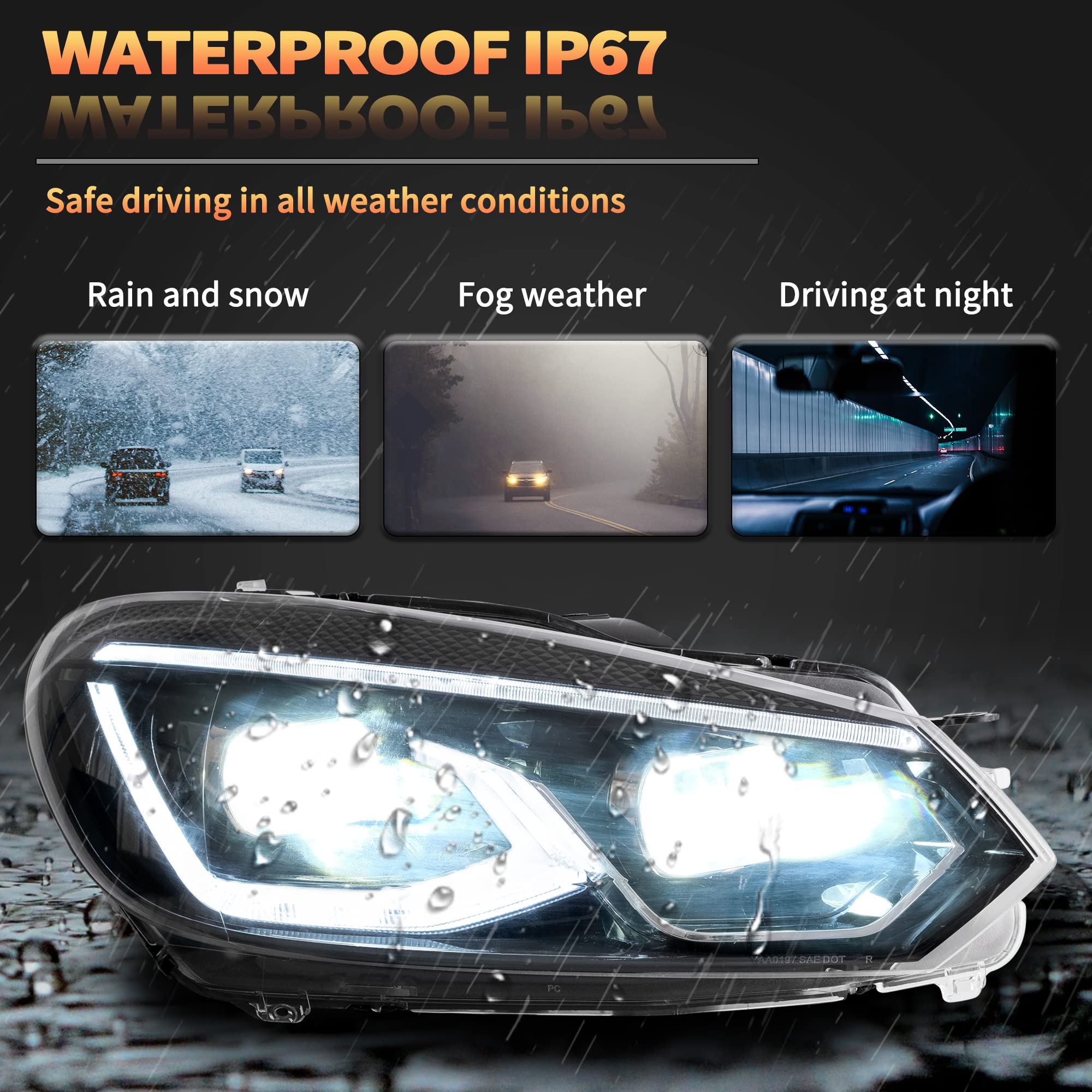VLAND Reflektory Full LED do Golf 6 TSI halogenowe 2008-2013 [nie do ksenonu/GTI/R/TDI], przednie światła z wyświetlaczem dynamicznym, 1 para