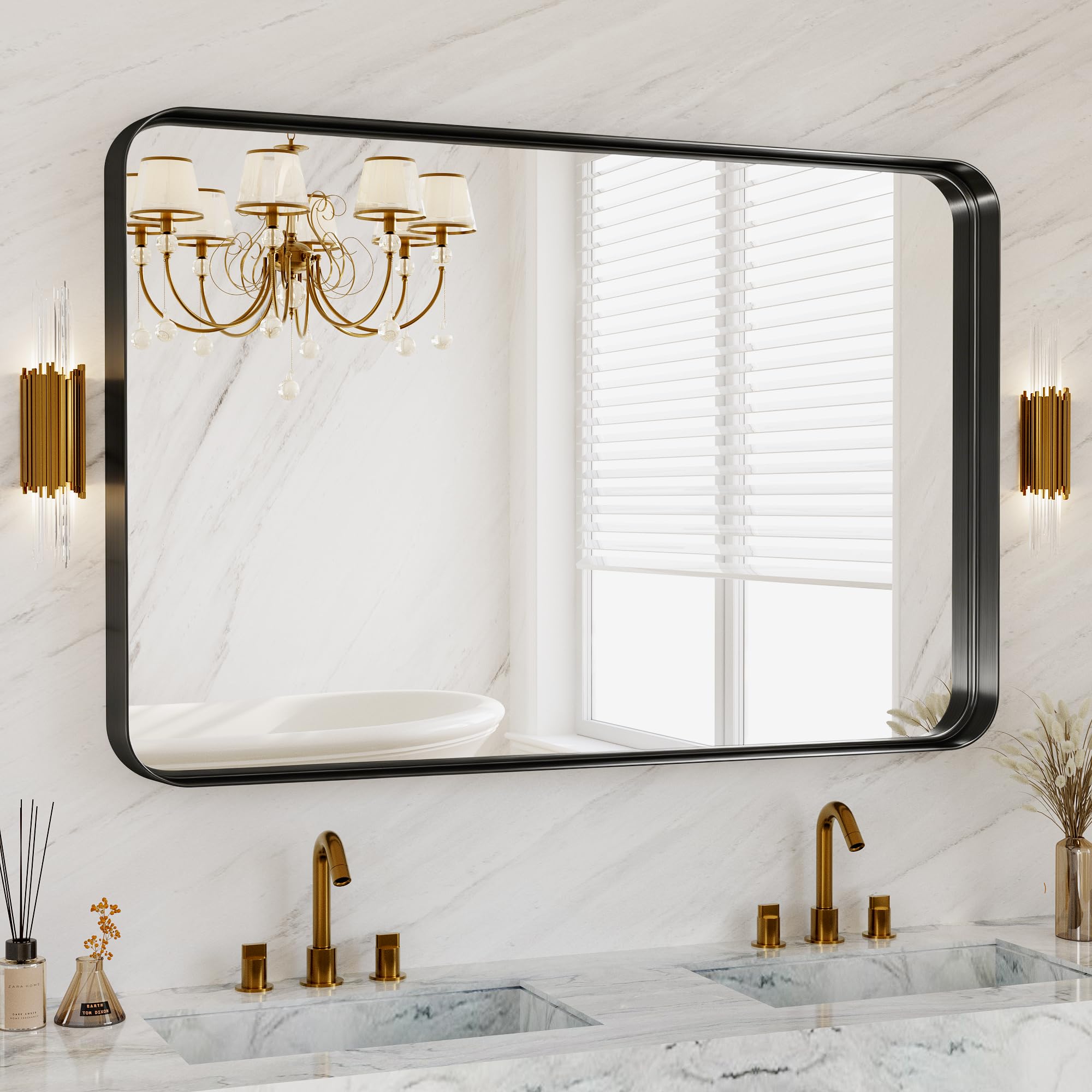48x30 inch black metal framed bathroom mirror for wall, matte framed rounded rectangular modern mirrors for over sink, anti-rust, hd tempered glass, farmhouse, hangs horizontally or vertically