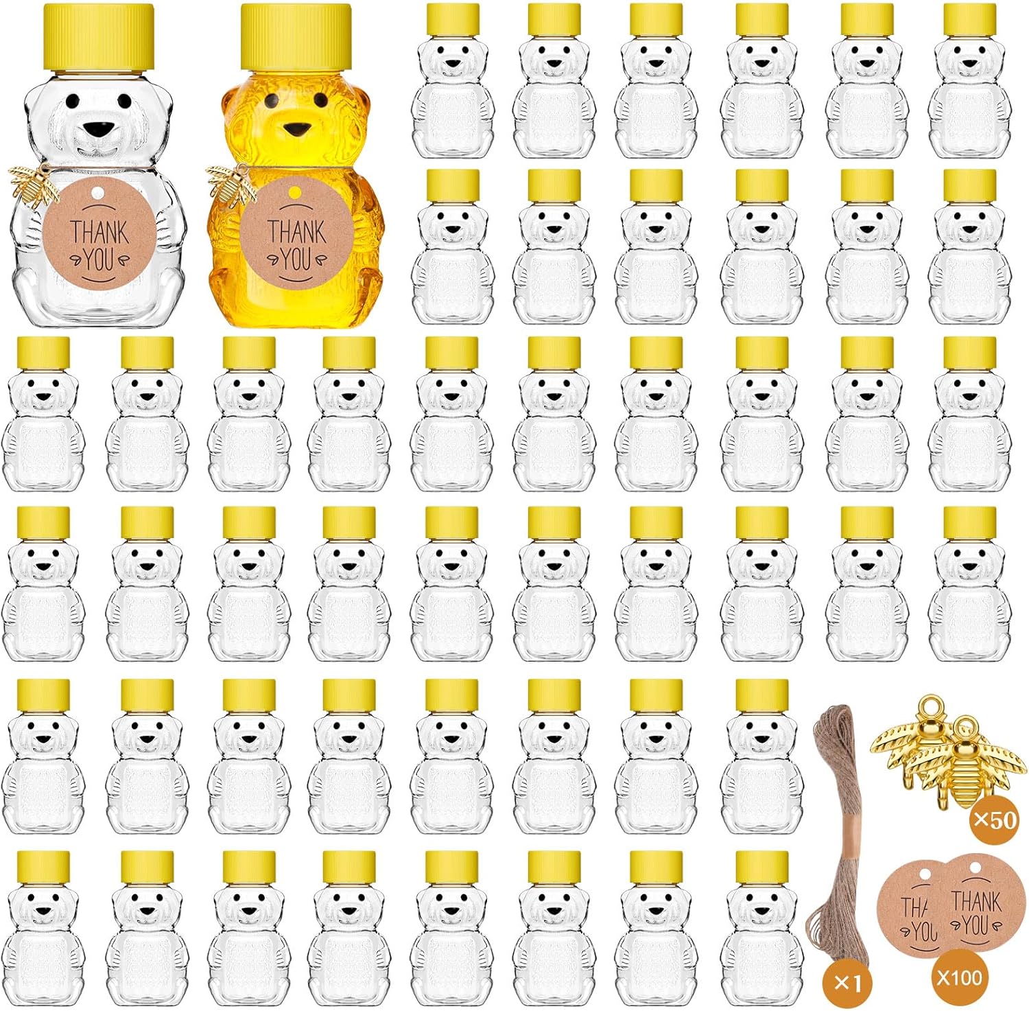 50 Pack Plastic Honey Bear Bottles Jars, 2 oz Honey Bear Cup with Lids Mini Bear Shape Empty Honey Bear Bottle Honey Containers Bulk Jam Juice Candy for Wedding Gifts Baby Shower Favors 50-set