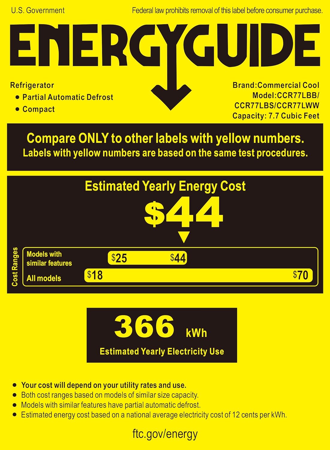 EnergyGuide Label for a Commercial Cool Refrigerator