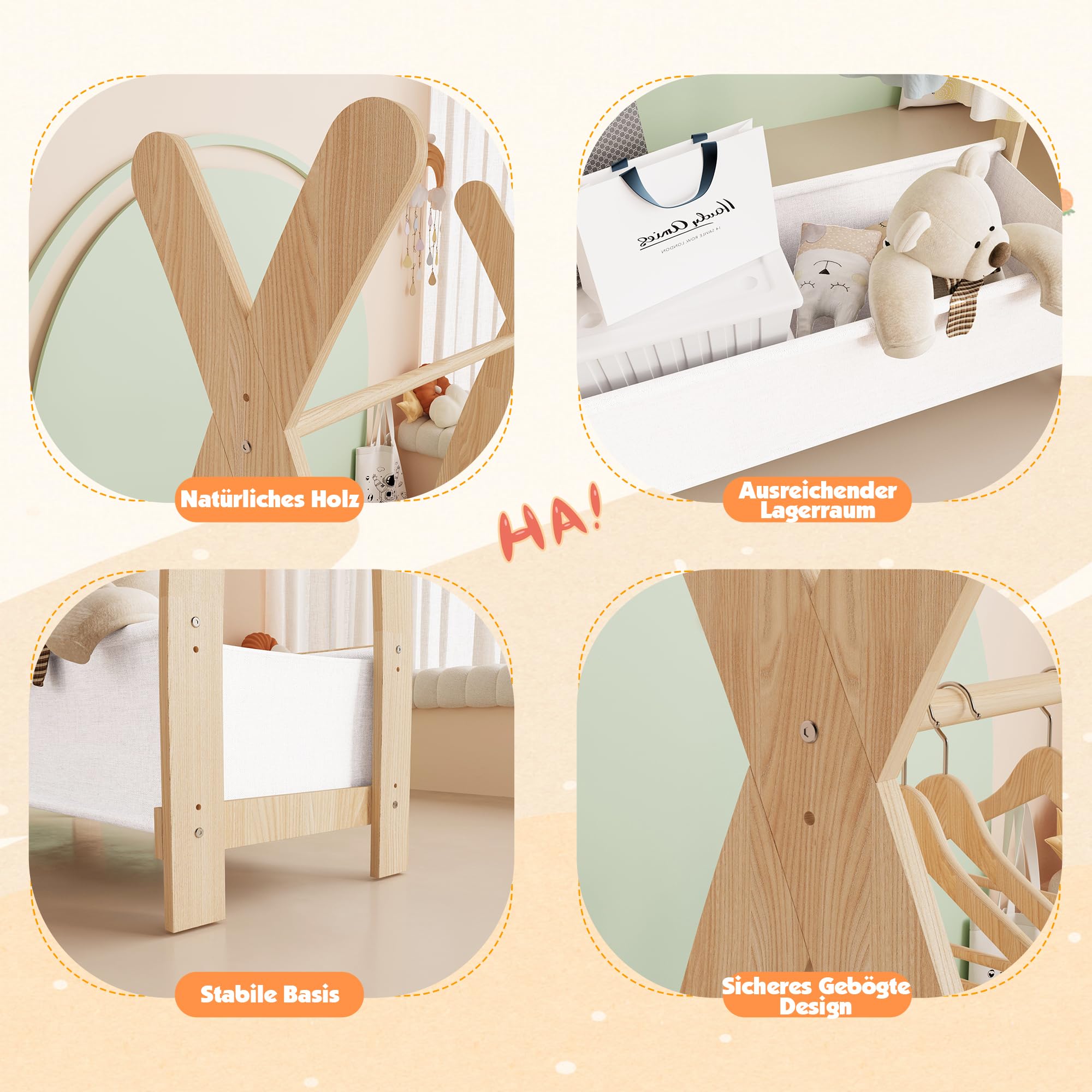 KEEPREAPER Kinder Kleiderständer Holz, Garderobenständer mit Aufbewahrungskiste und Kleiderstange, Kindergarderobe für Kinderzimmer, Mädchen (82 x 43 x 180cm)