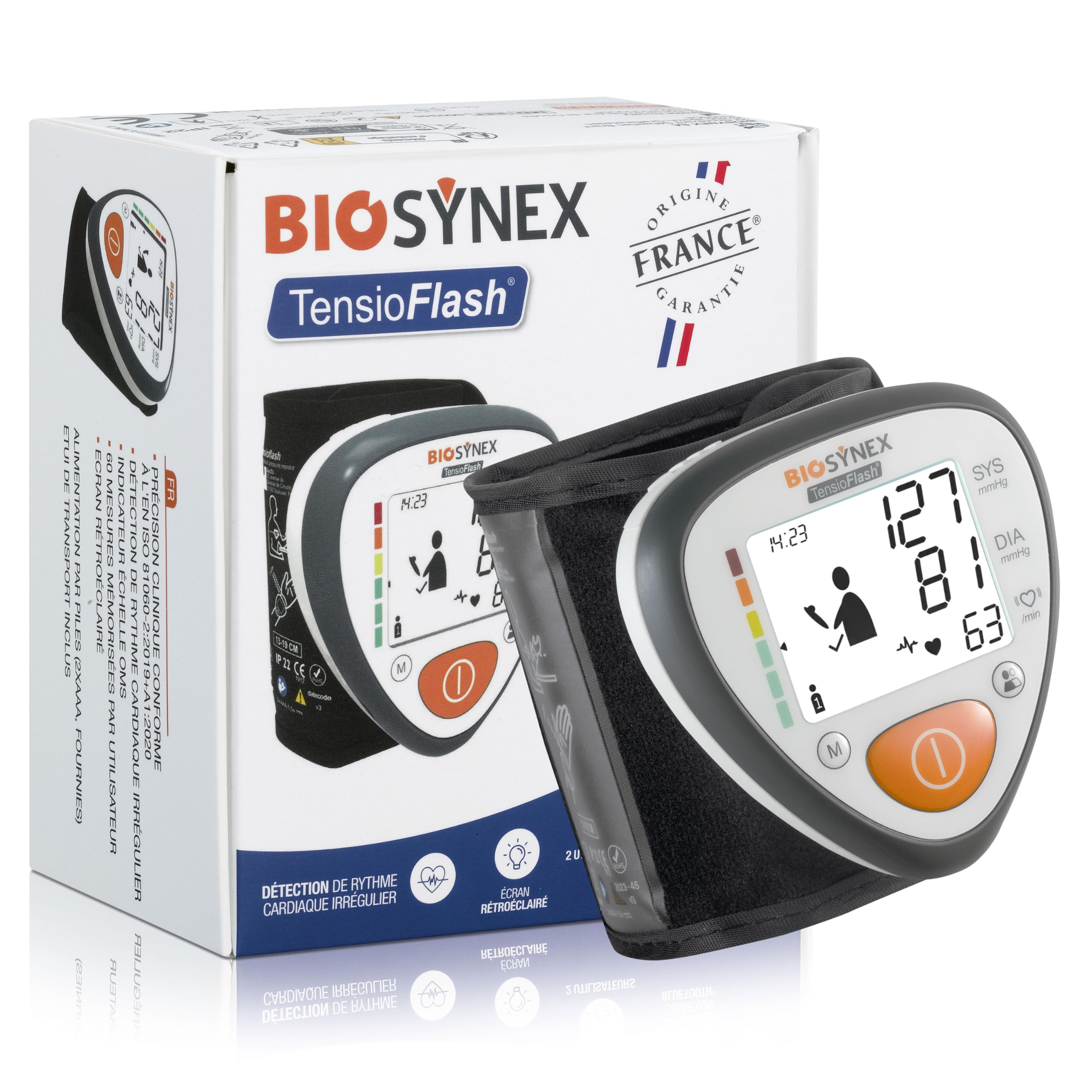 BIOSYNEX - TensioFlash - Tensiomètre Poignet Fabriqué en France - Mesure la Tension Artérielle et la Fréquence Cardiaque - Arythmie - Hypertension - Garantie trois ans