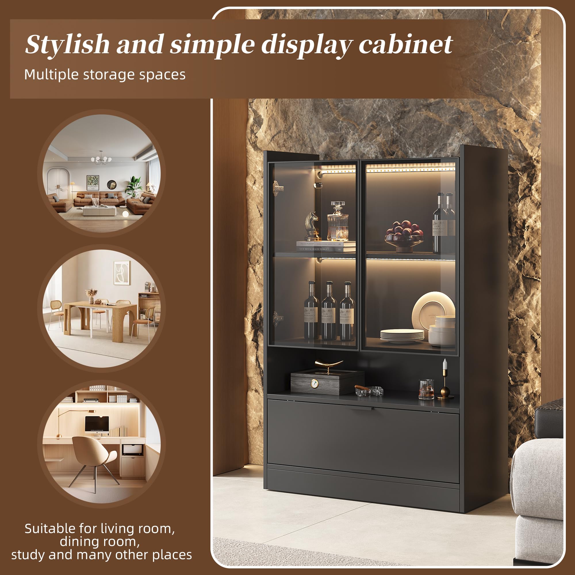Vitrina Expositora con Iluminación LED, Vitrina Salon con 2 Puertas y Estante, Vitrina Cristal con Compartimento Abierto y Armario de Almacenaje, 80x120x35 cm, Negro