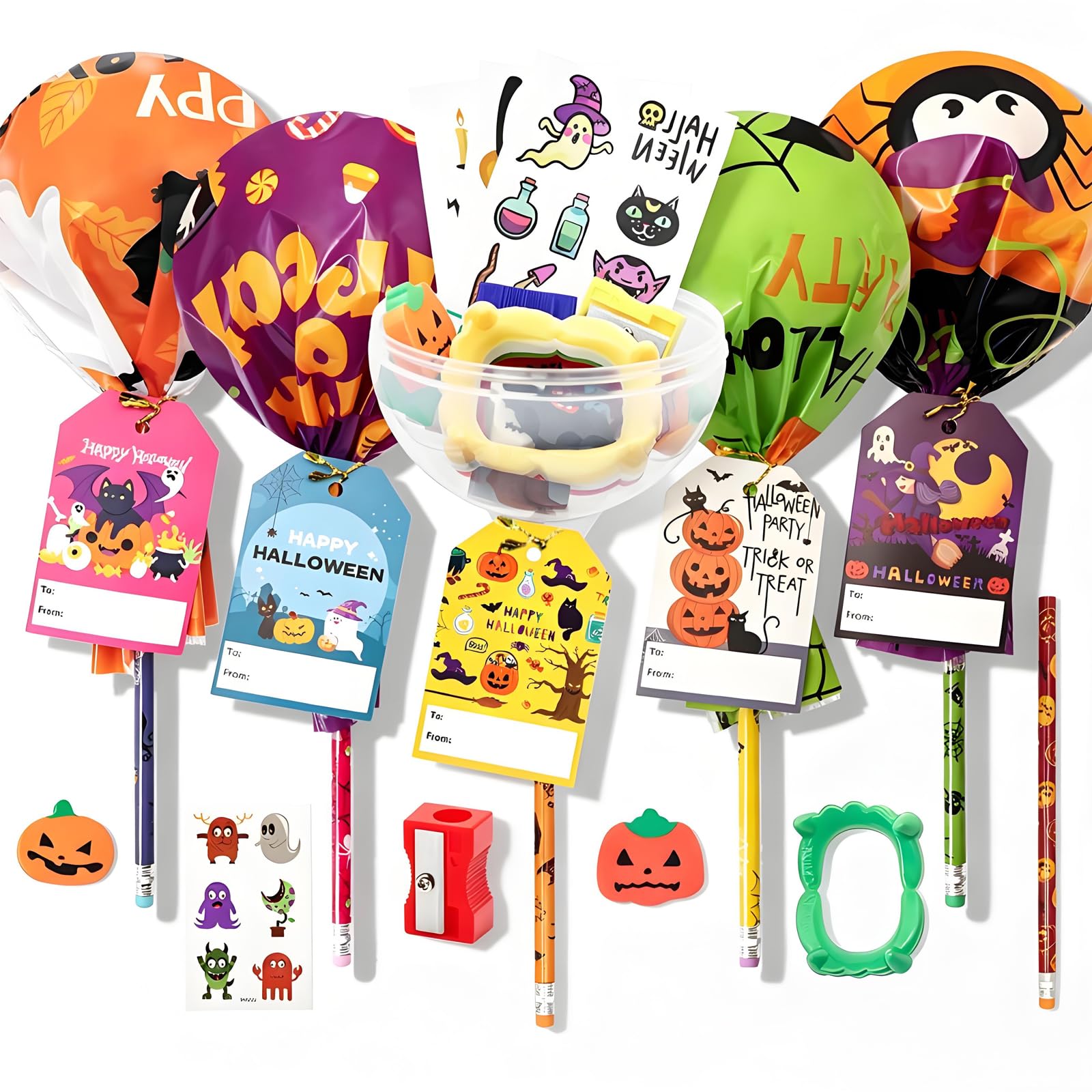 28 Pack Halloween Party Favors for Kids - Non Candy Trick or Treats, Giant Lollipop Stationery Kit, Pinata Fillers Goodie Bag with Pencils Erasers, Classroom Prizes for School Halloween Party Supplies