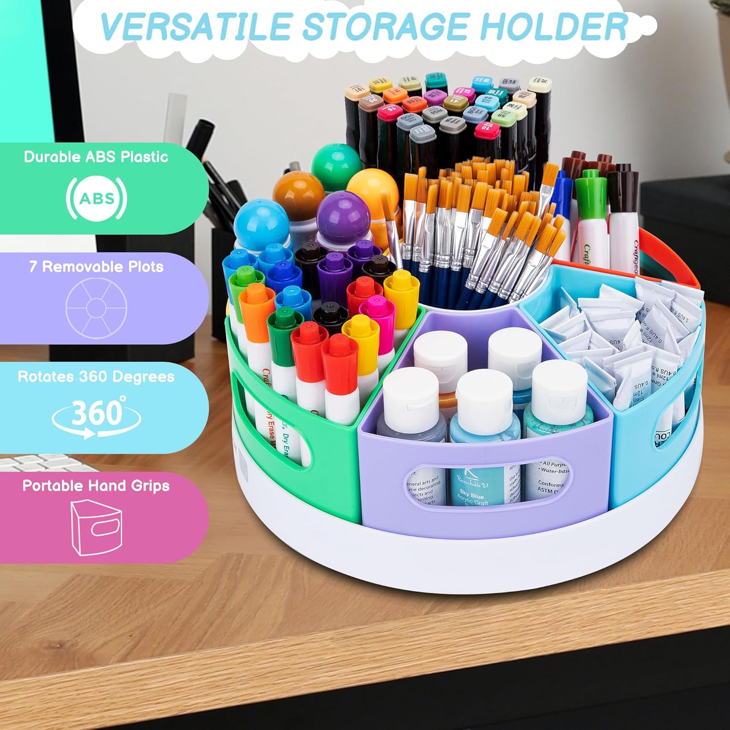 CraftGenes Art Supply Organizer, Extra Large 360° Pencil Caddy with 7 Removable Compartments for Kids, Rainbow Stationary Marker Organizer for Home, School, and Classroom