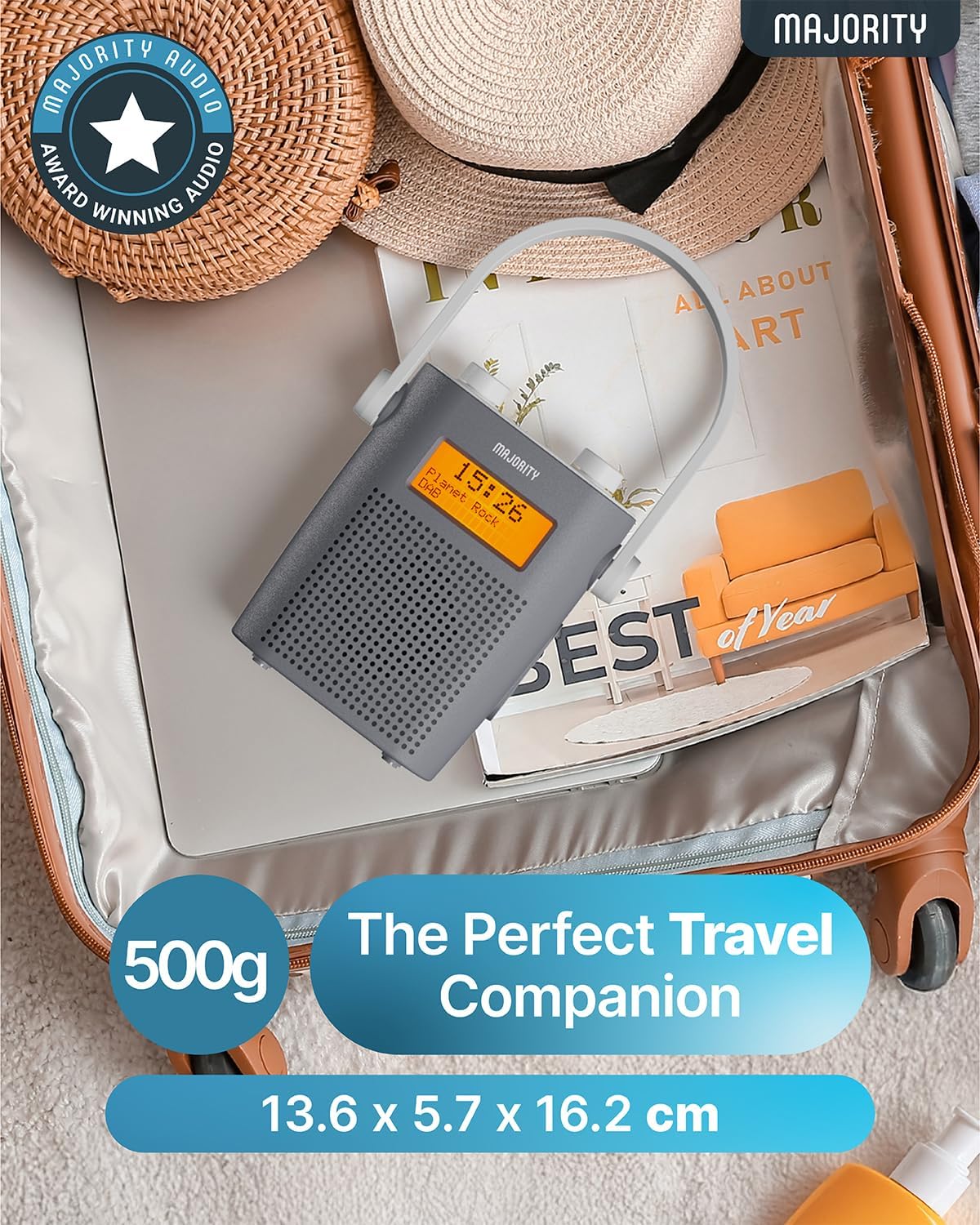 Top view of the Majority Eversden radio showing control buttons and knobs.