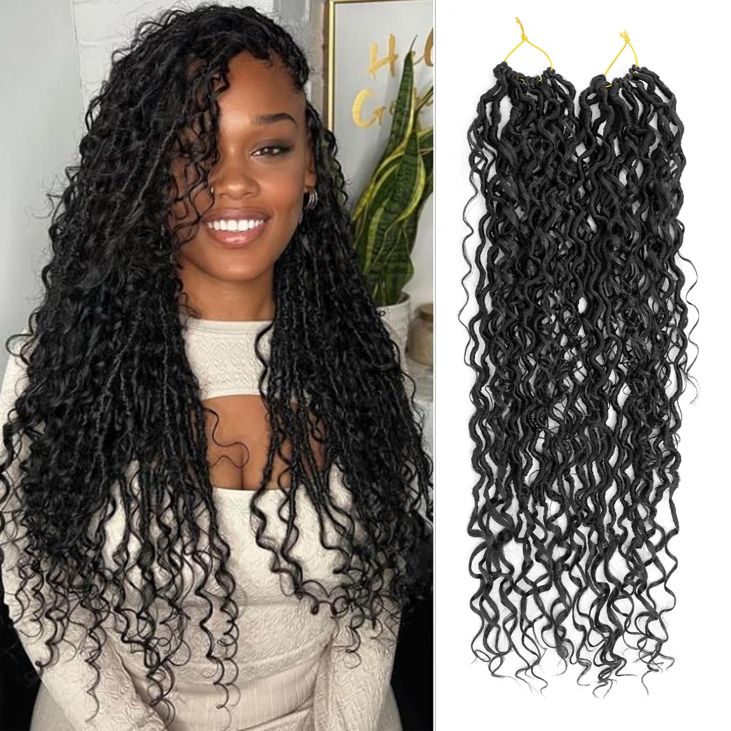 Photo 1 of 2 Packs Boho Faux Locs Crochet Hair Pre-looped 18 Inch Crochet Goddess Locs with Curly Ends for Black Women Black Boho River Locs Crochet Hair(1B,2 Packs)